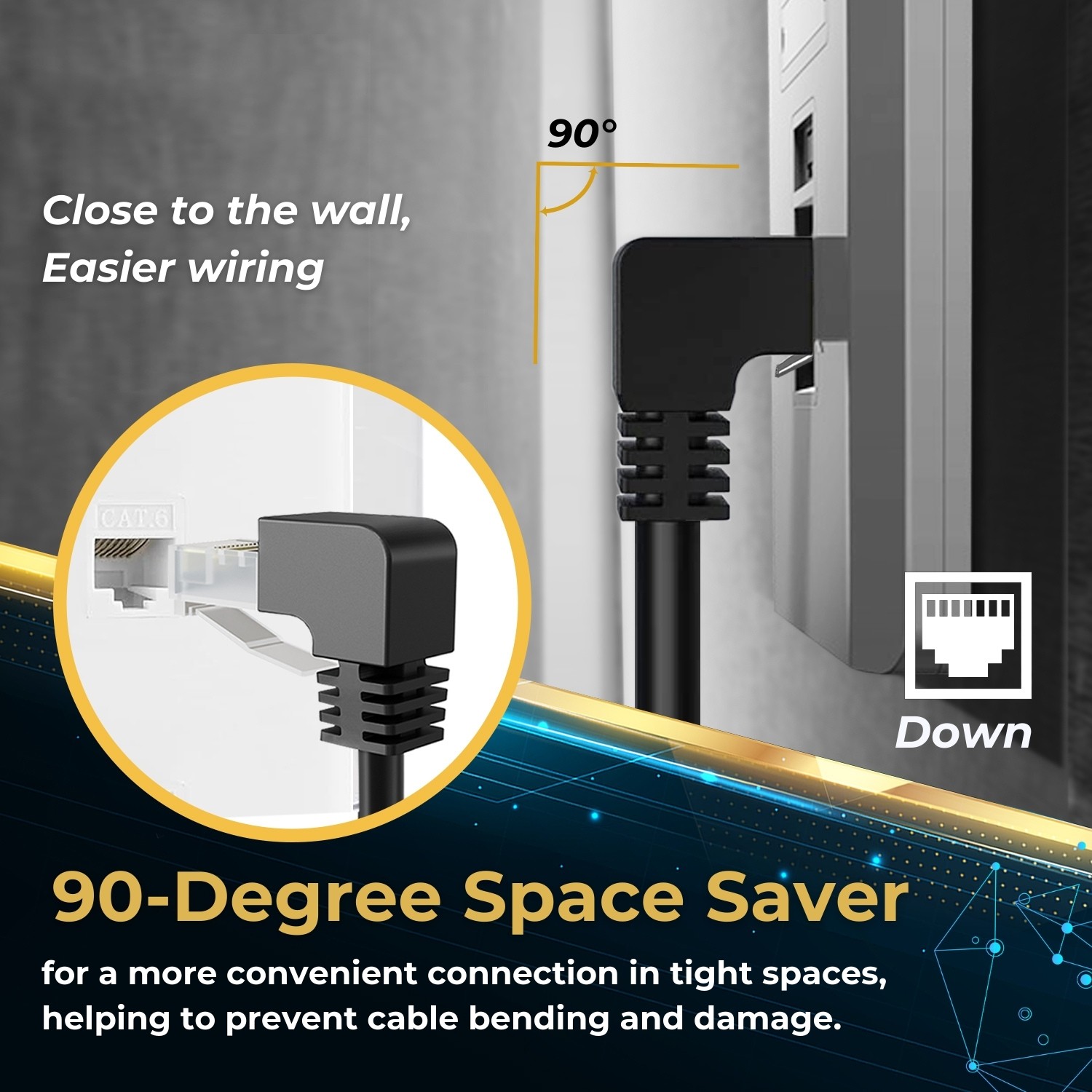 Cat6 Ethernet Cable (Right Angle Down, 6 FT), RJ45 90 Degree Network Wire Cord