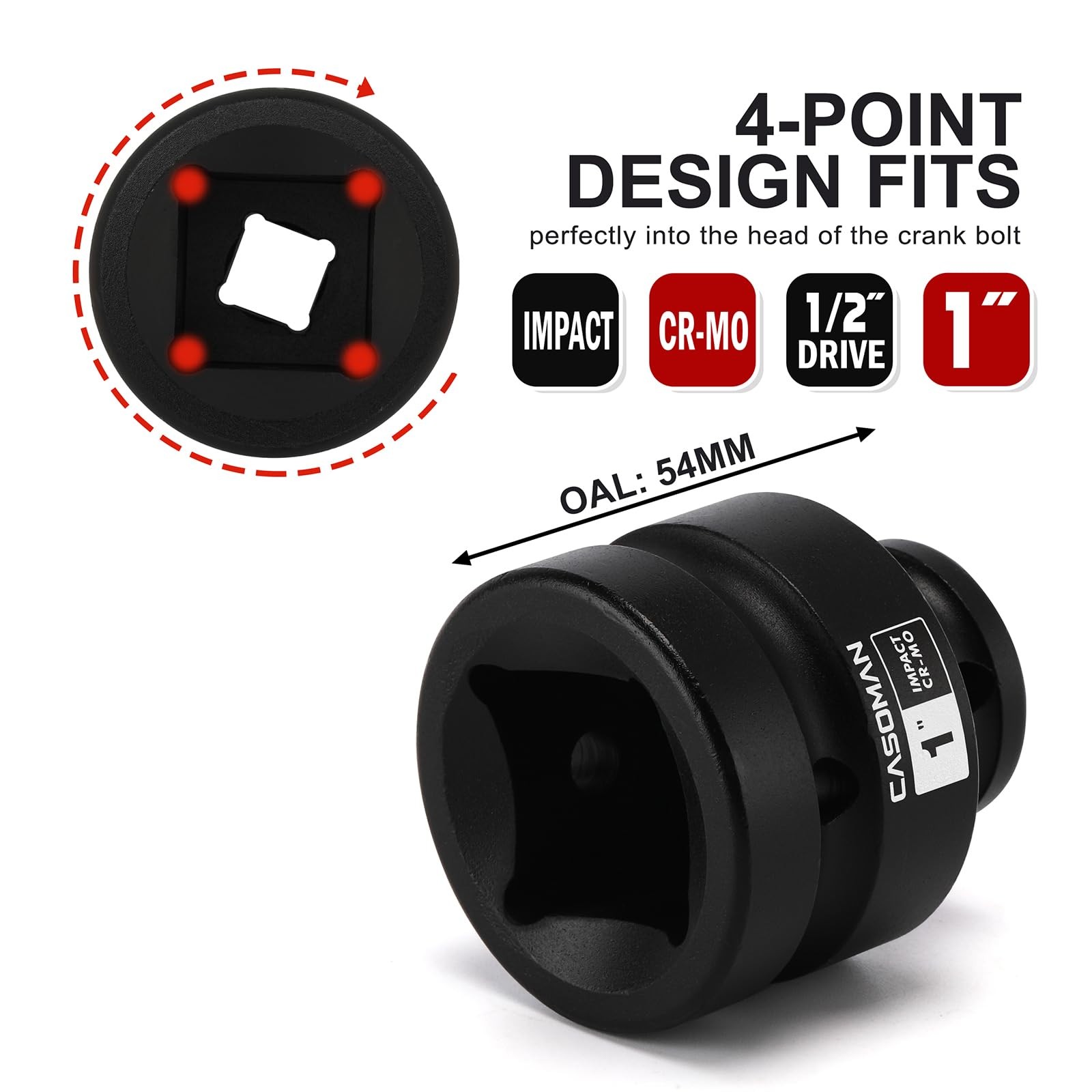 1/2-Inch Drive x 1-Inch Shallow Impact Socket, SAE, 4-Point Square Socket, 1/...