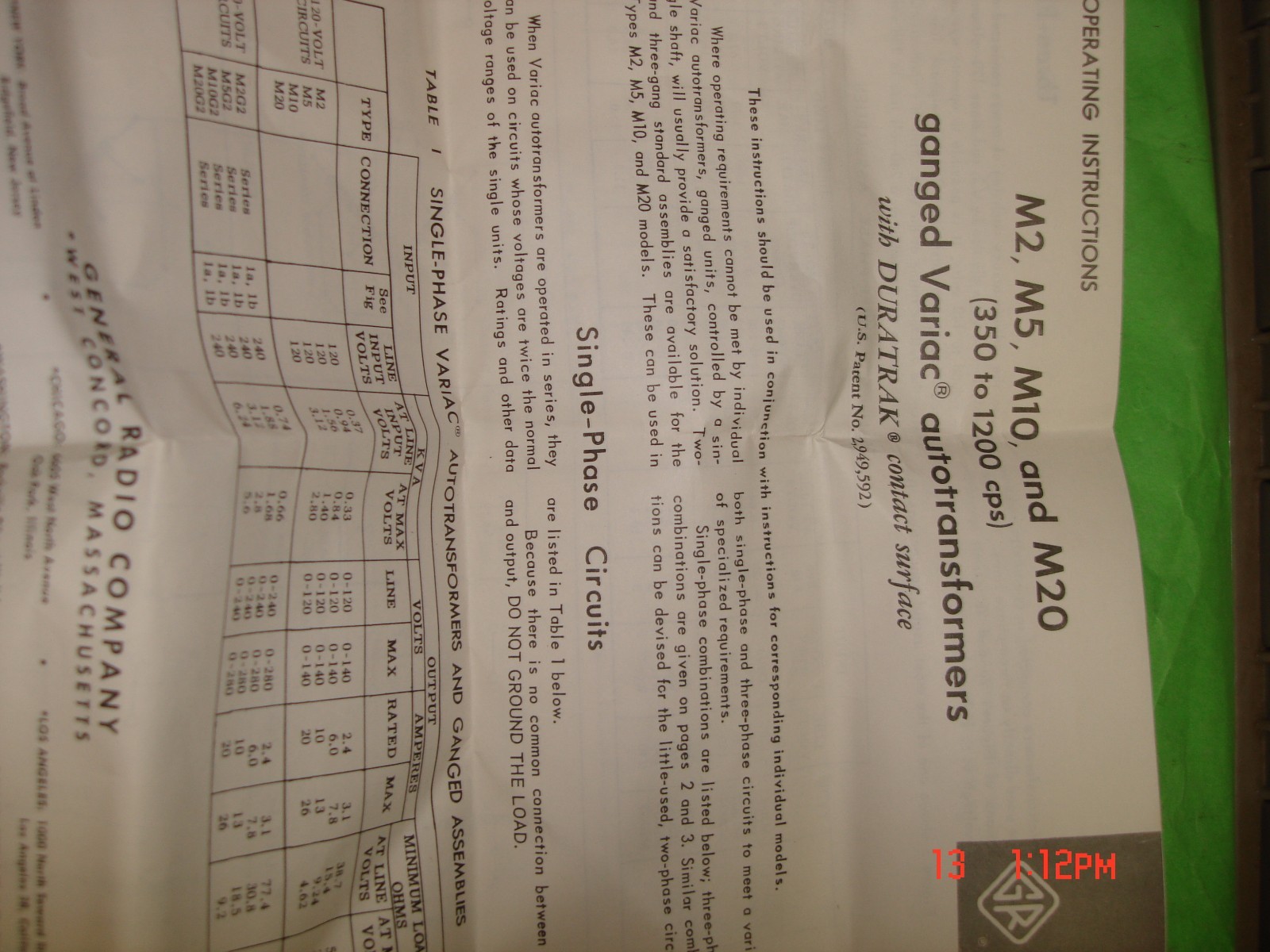 variac type m2g2 type m2 120v 2.4a 350 cycles