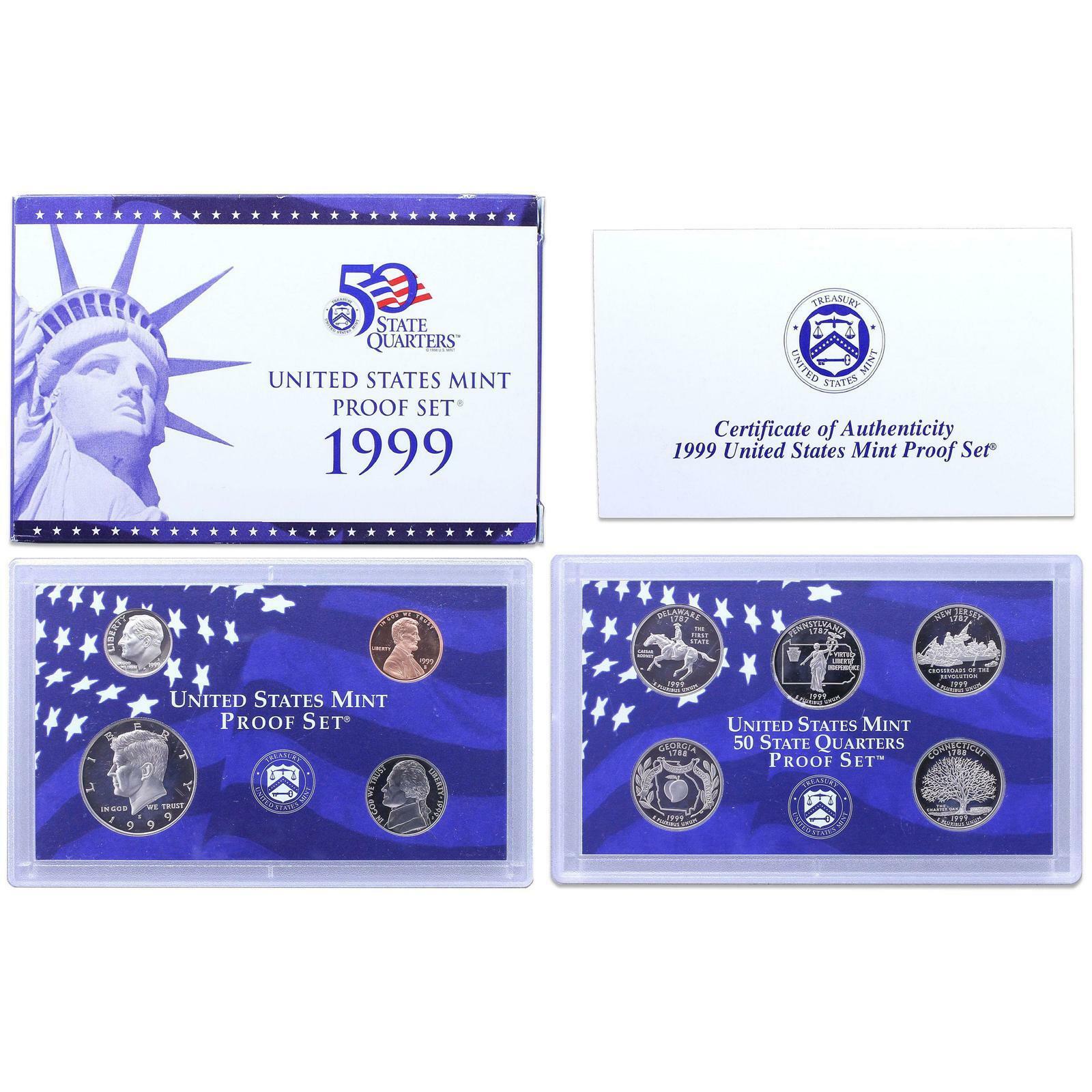 1999 S Proof Set Original Box & COA 9 Coins CN-Clad