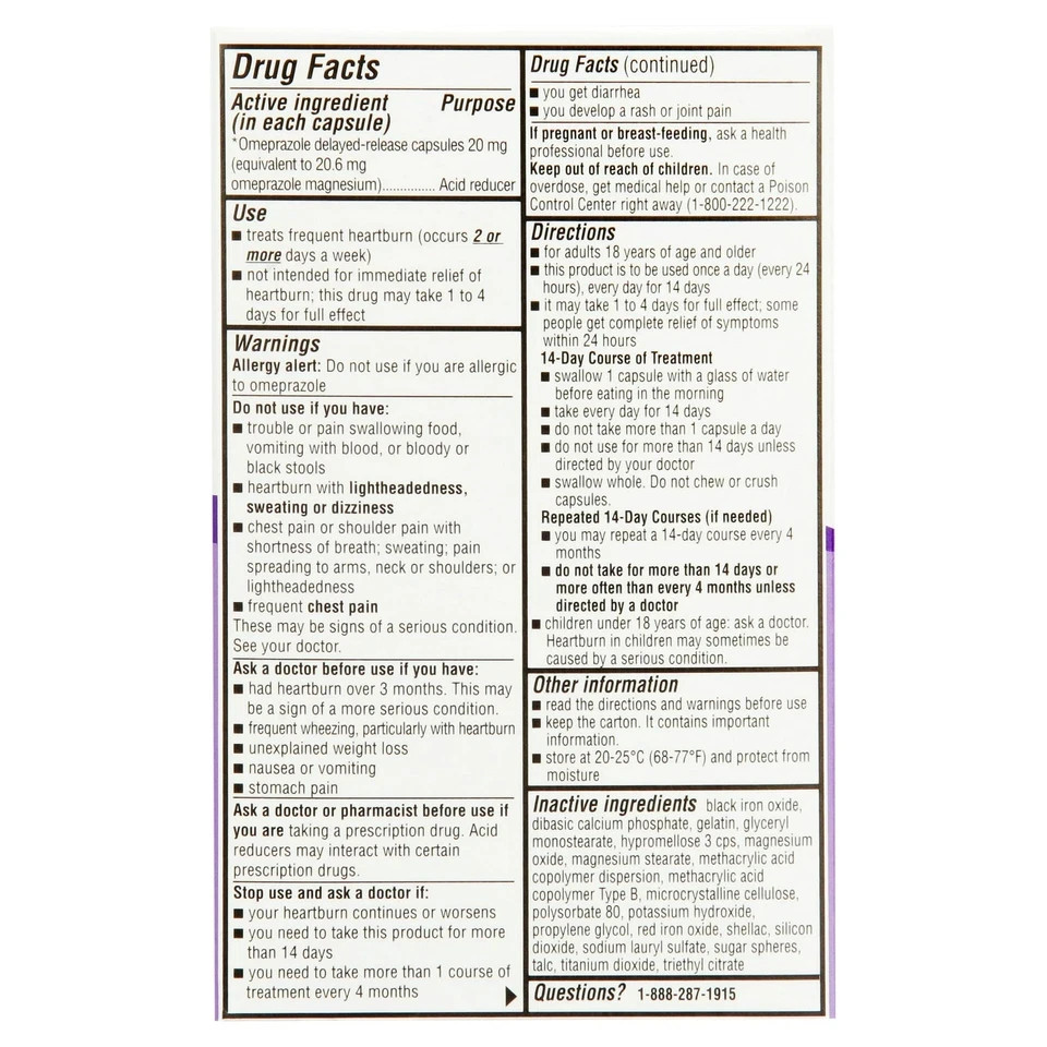 Equate Omeprazole Delayed-Release Acid Reducer Capsules, 20 mg, 42 Count