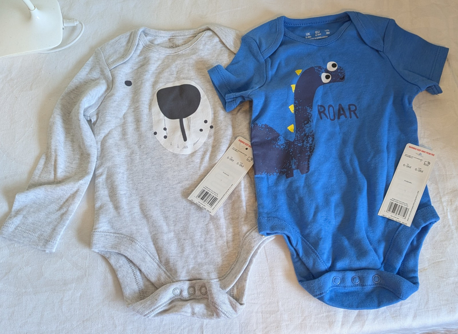 Two Baby Boy Bodysuits F&F Age 6-9 Months Dinosaur Polar Bear New With Tags