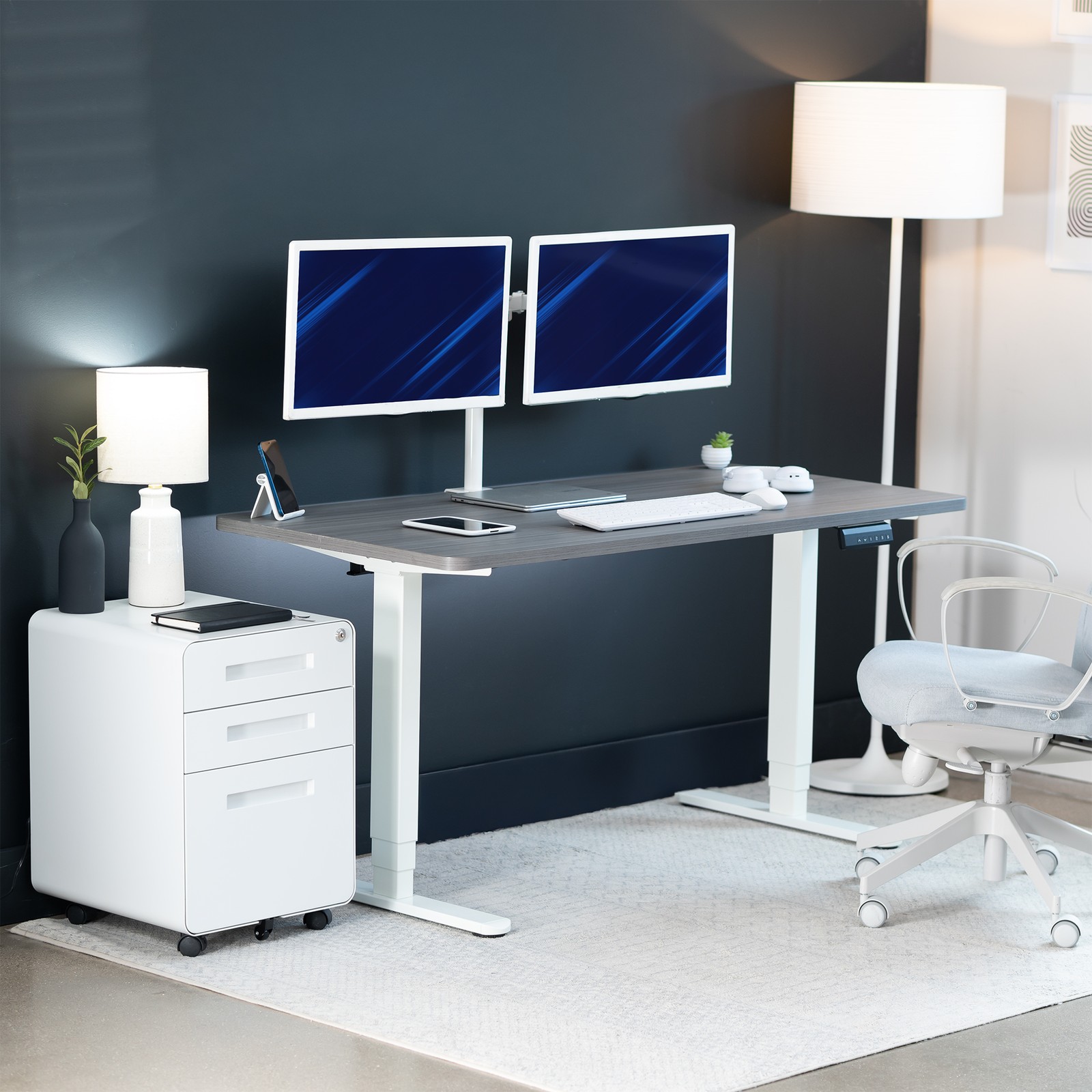 VIVO Electric 55" x 28" Stand Up Desk, Dark Gray Table Top, White Frame