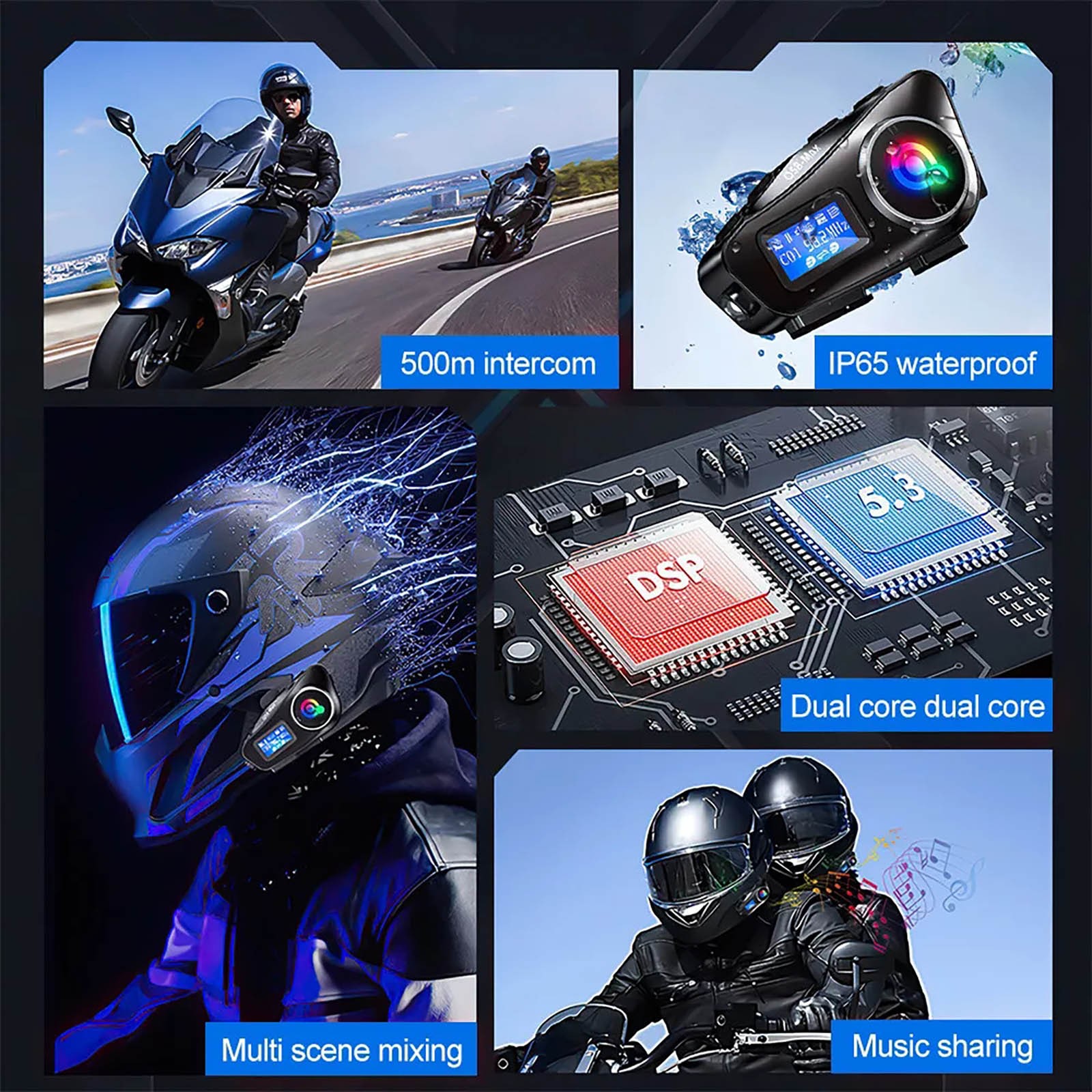 Double back clip Motorcycle Intercom Helmet Bluetooth Headset LCD Waterproof