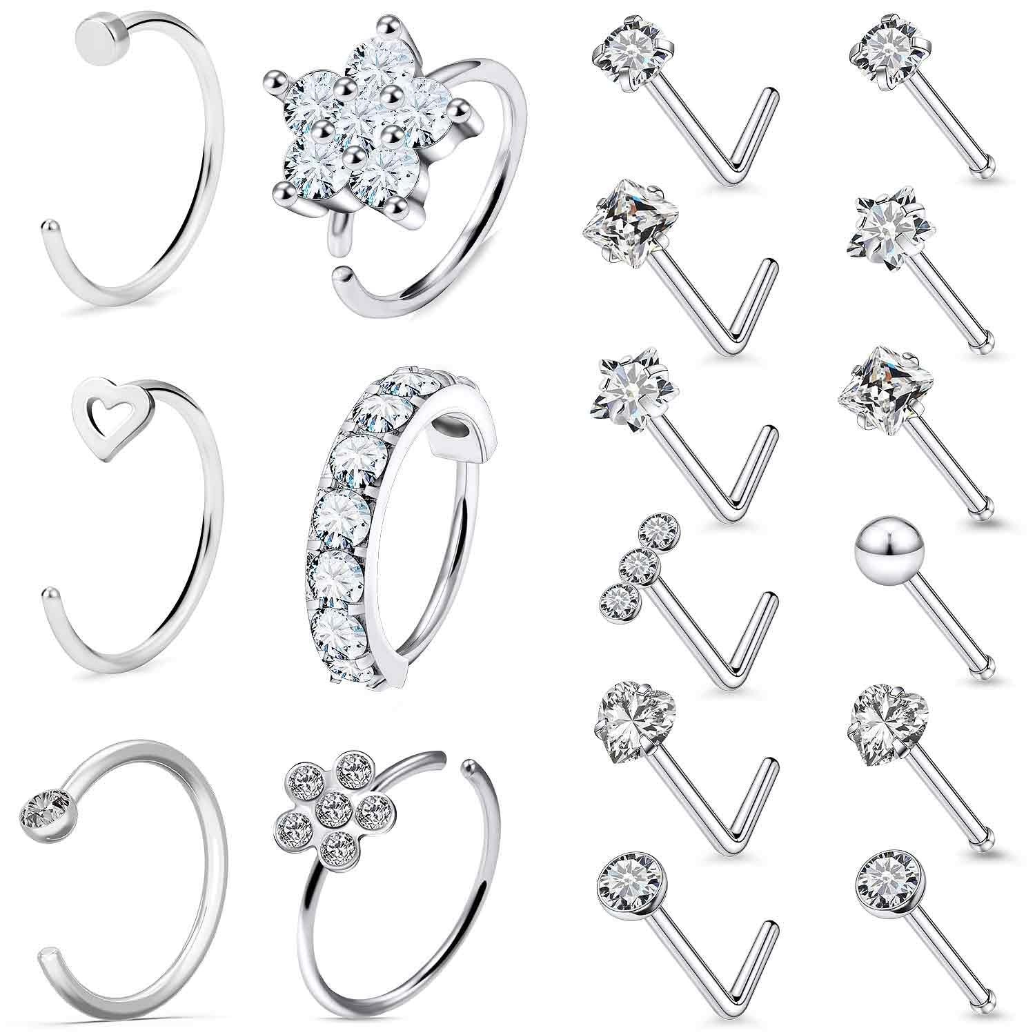 20G Nose Rings Hoop Stud for Women Men - Surgical Steel Piercing Jewelry Set ...