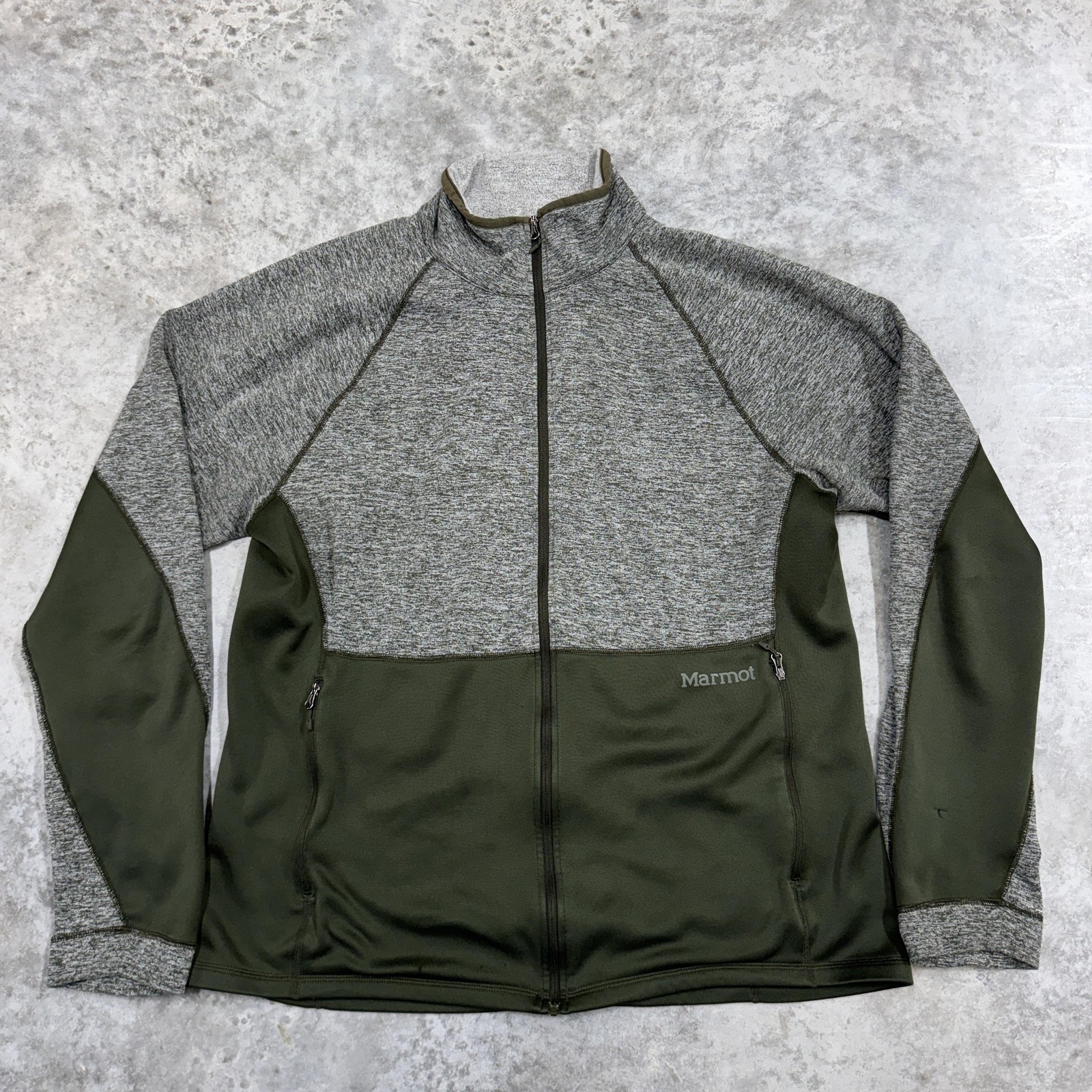 Marmot Jacket Mens XL Gray Green Full Zip Fleece Softshell Hybrid Outdoor Raglan