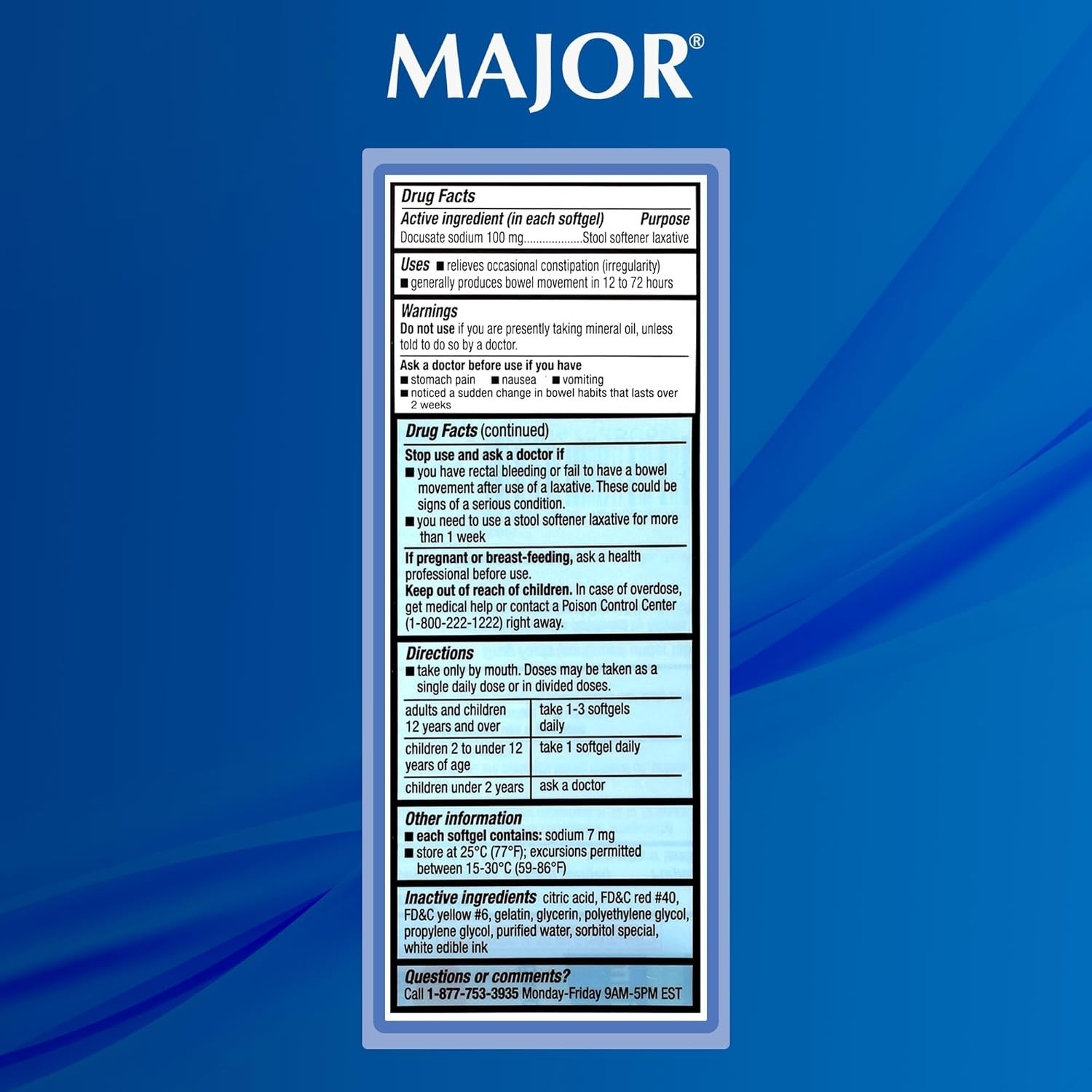 Major DOK Docusate Sodium Stool Softener 100mg Softgels 100ct -3 Pack