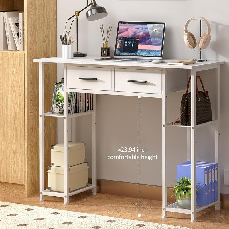Modern Computer Desk W/ Storage Shelves Fabric Drawers Wood Metal Frame New
