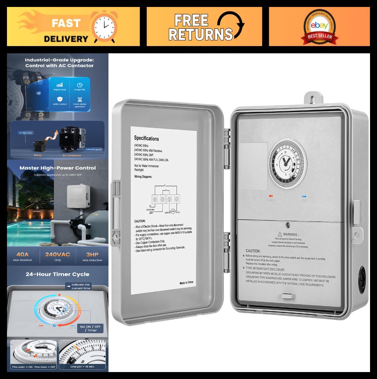 Heavy Duty Mechanical Pool Timer 40AMP 240V 3HP | 24-Hour Timer for Pump, Heater