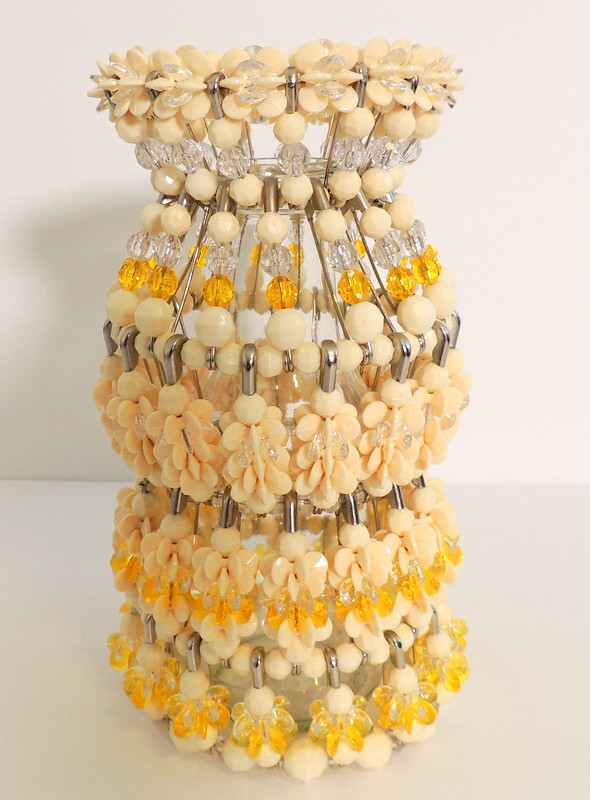 Safety Pin & Bead Art Craft Vase Yellow & Beige Glass Bottle Boho Art
