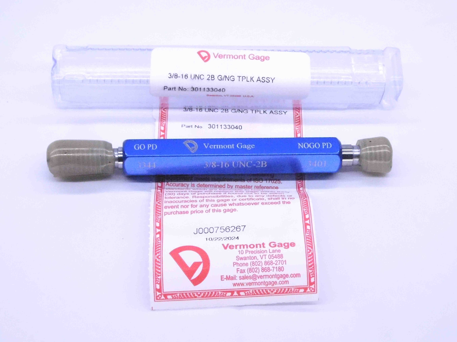 NEW 3/8 16 UNC 2B VERMONT THREAD PLUG GAGE .375 GO NO GO P.D.'S = .3344 & .3401