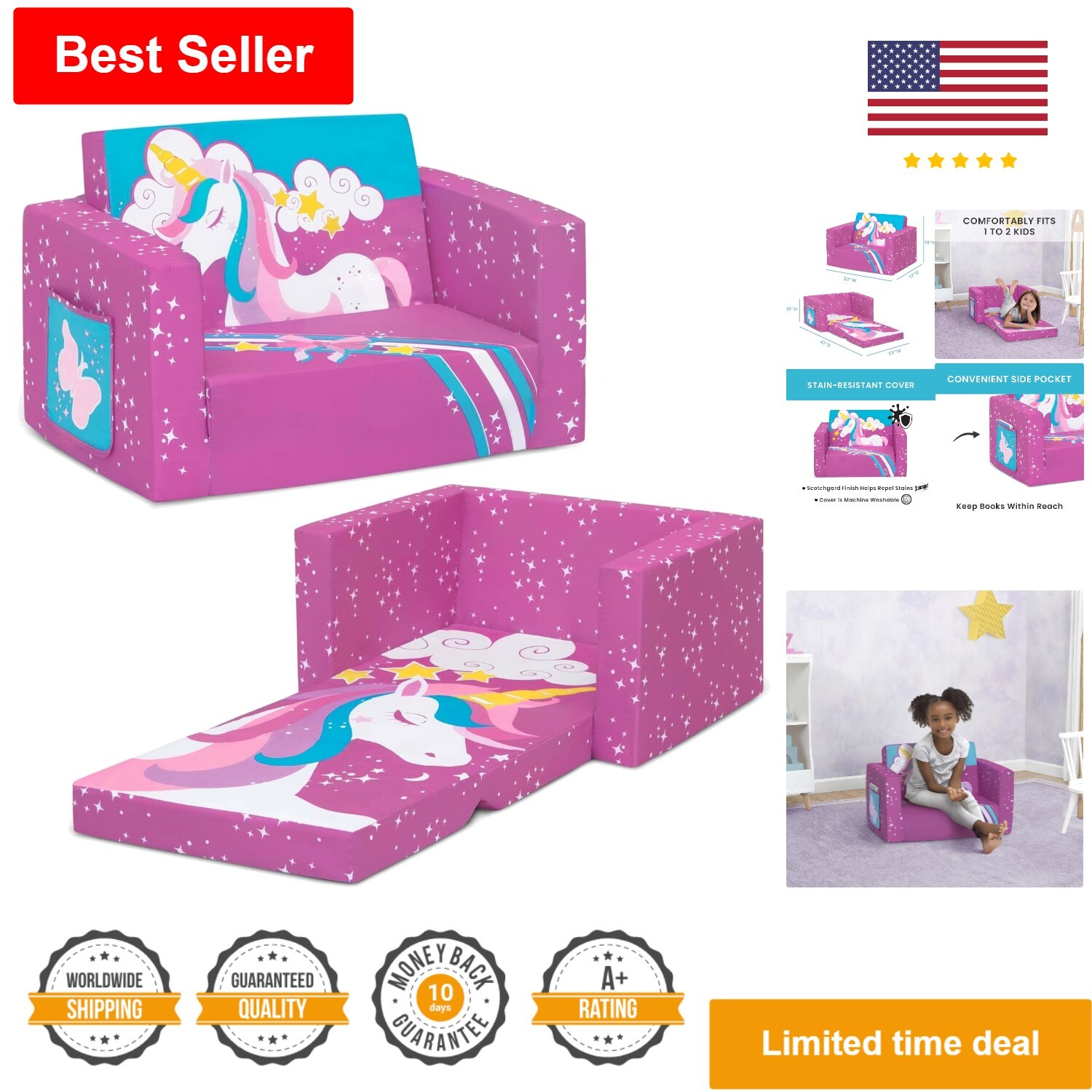 2-in-1 Convertible Chair to Lounger for Toddlers & Kids - Lightweight & Portable
