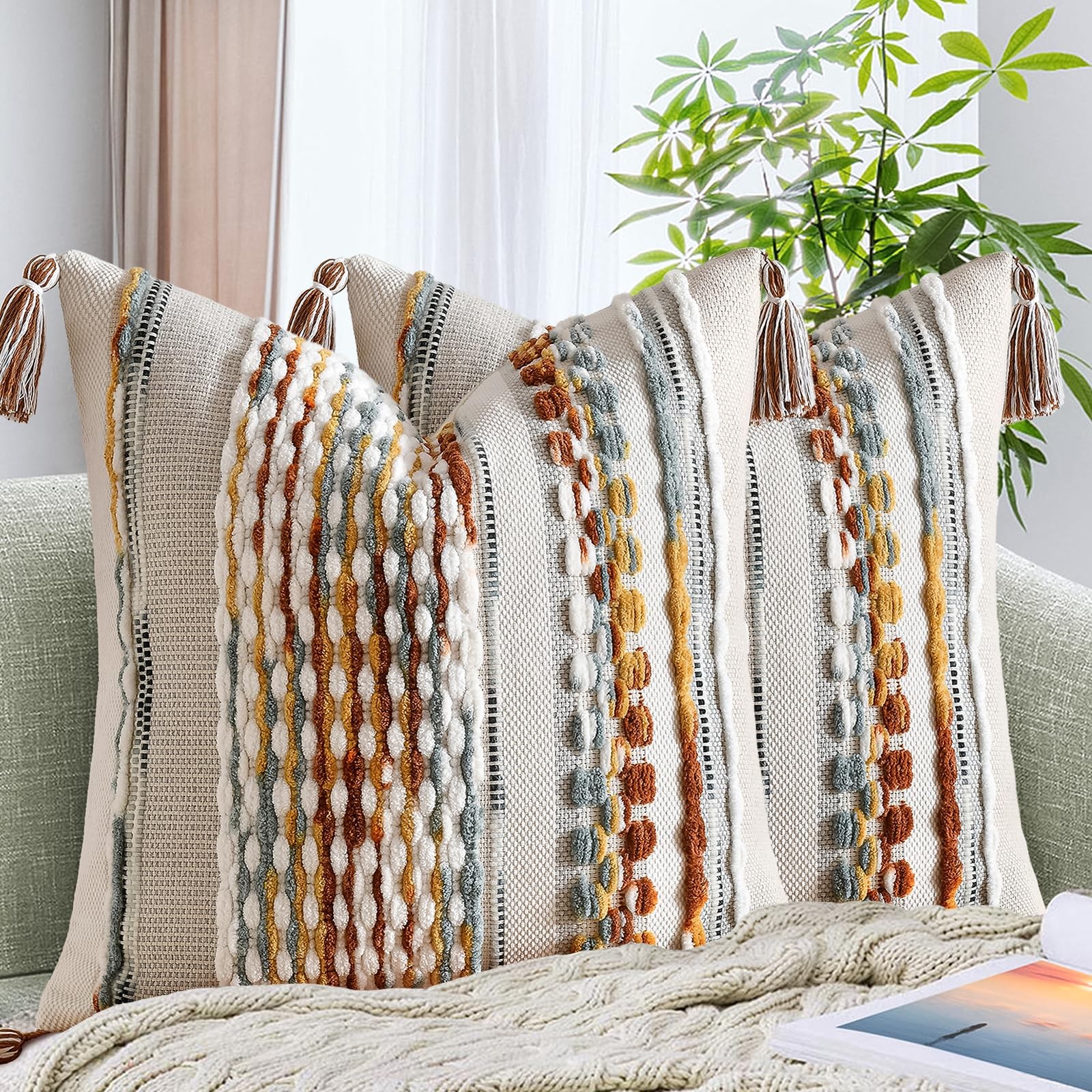 Set of 2 Chenille Striped Textured Boho Throw Pillow Covers Aesthetic with Ta...
