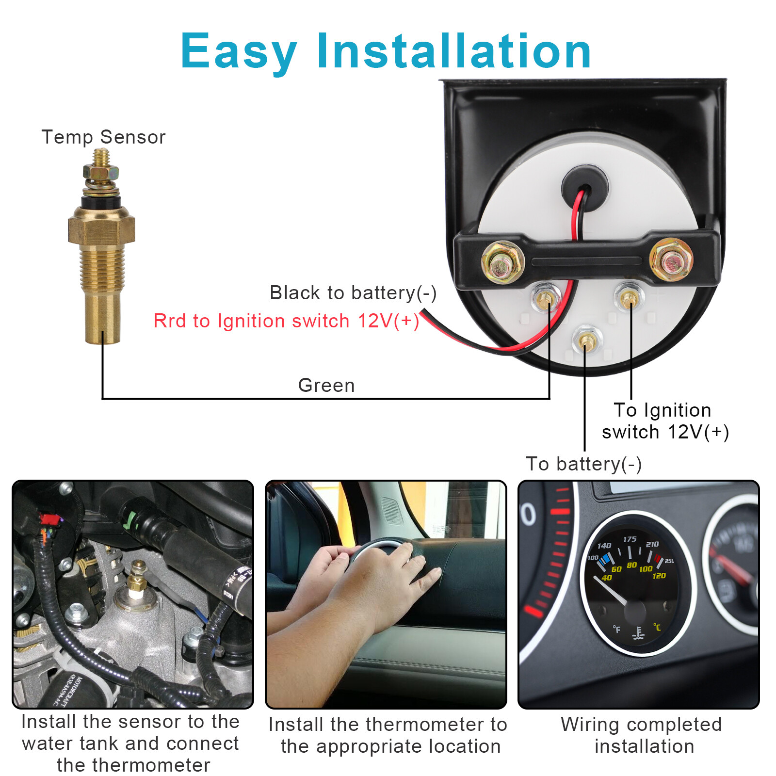 2" 52mm Pointer Car Water Temp Temperature Gauge 100-250℉ W/ Sensor Rack Black