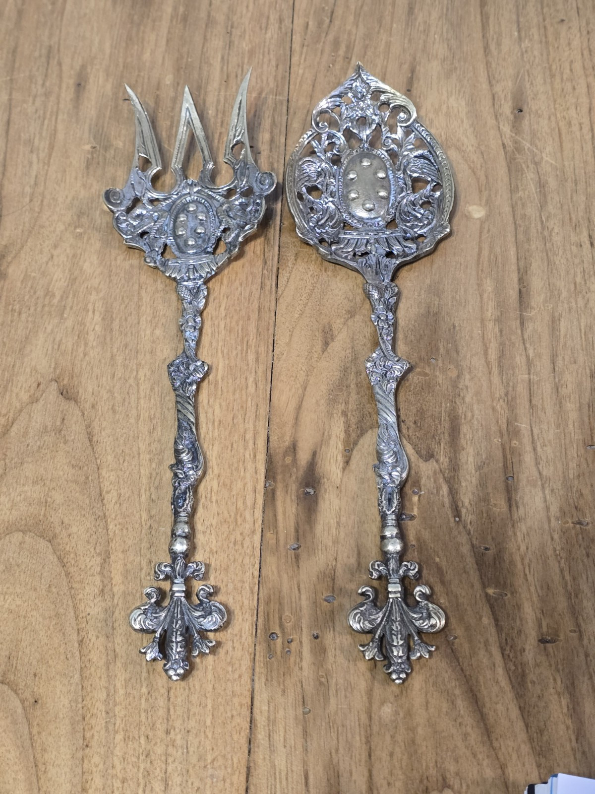 Vtg Italian Bordini Style Gold Toned Large Serving Fork & Spoon Set Italy