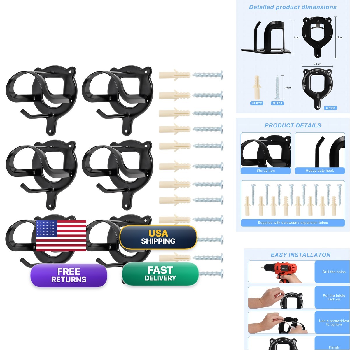 Swess 6 Counts Bridle Bracket Bridle Hooks with Tubes & Screw