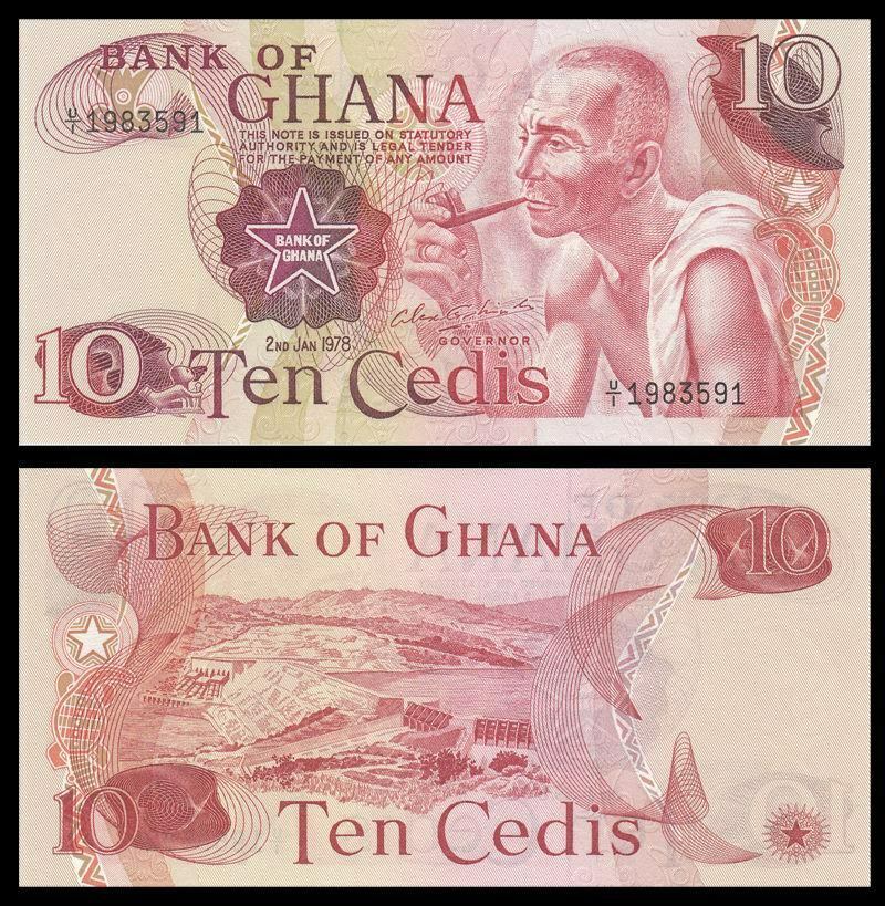 GHANA 10 CEDIS 1978 UNC U-I,ELDERLY MAN SMOKING A PIPE AT RIGHT,DAM,WATERMARK;AR