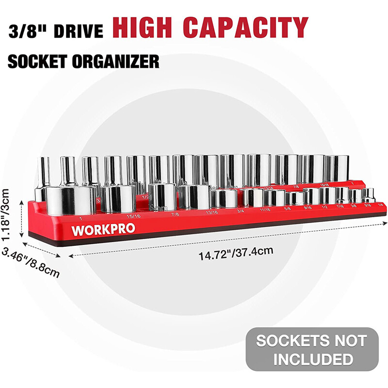 WORKPRO 2PC 3/8" Magnetic Socket Organizer Set SAE & Metric Socket Holders Carts