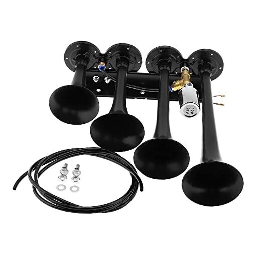 12V / 24V Truck Train Air Horn, 185dB Super Loud Four Trumpet Air Horn for Car