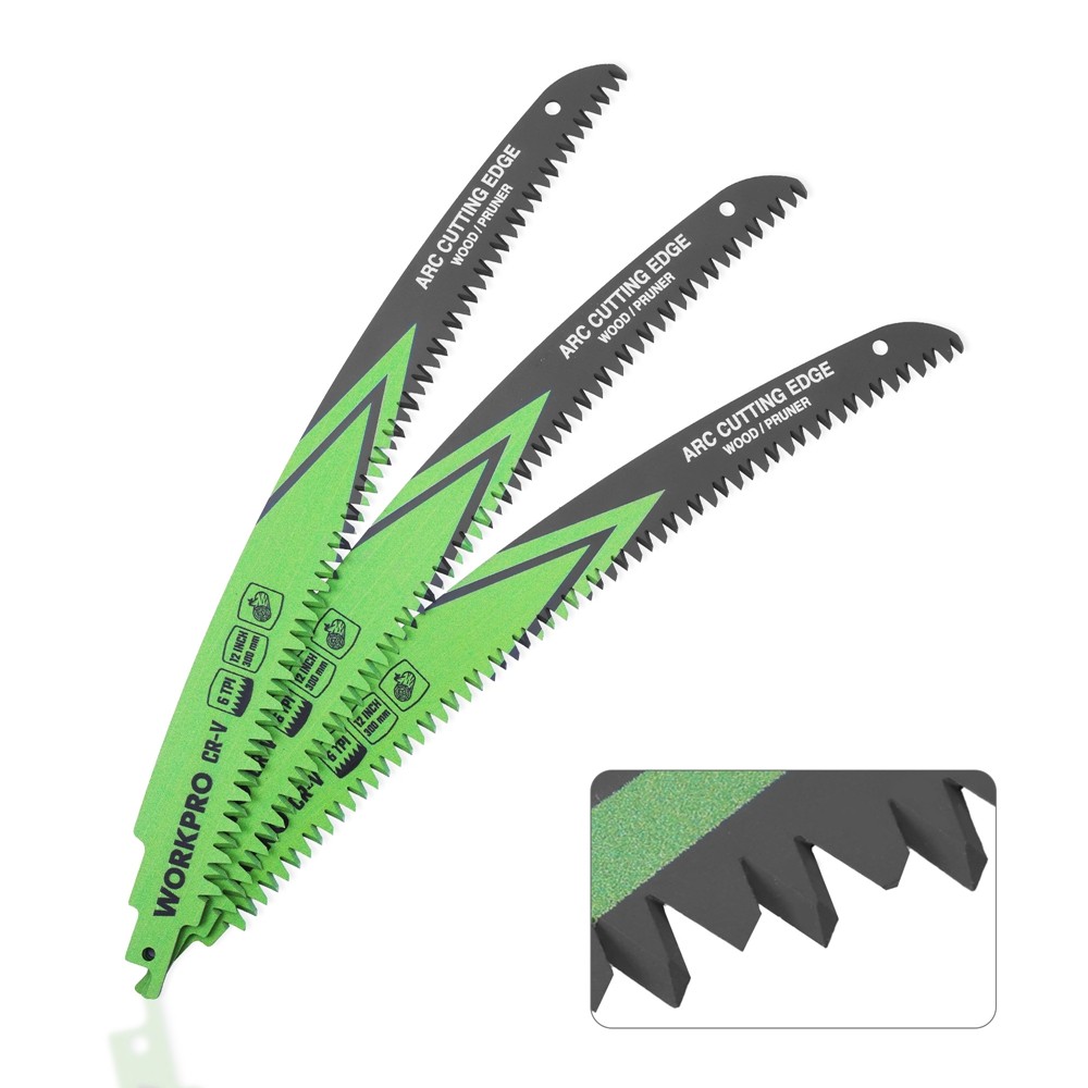 WORKPRO 3PC 12" Wood Pruning Reciprocating Saw Blade Set 6TPI Japanese Teeth Arc