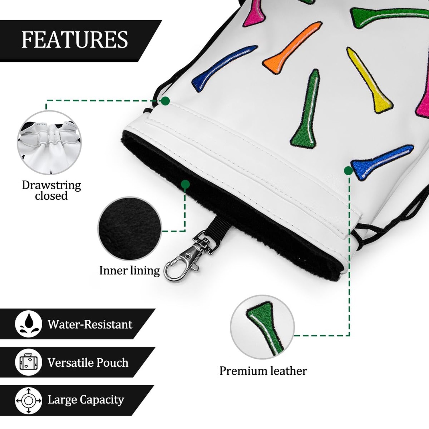 Valuables Pouch,Golf Bag Pouch with Drawstrings Golf Tee Bag Leather Golf Tee...