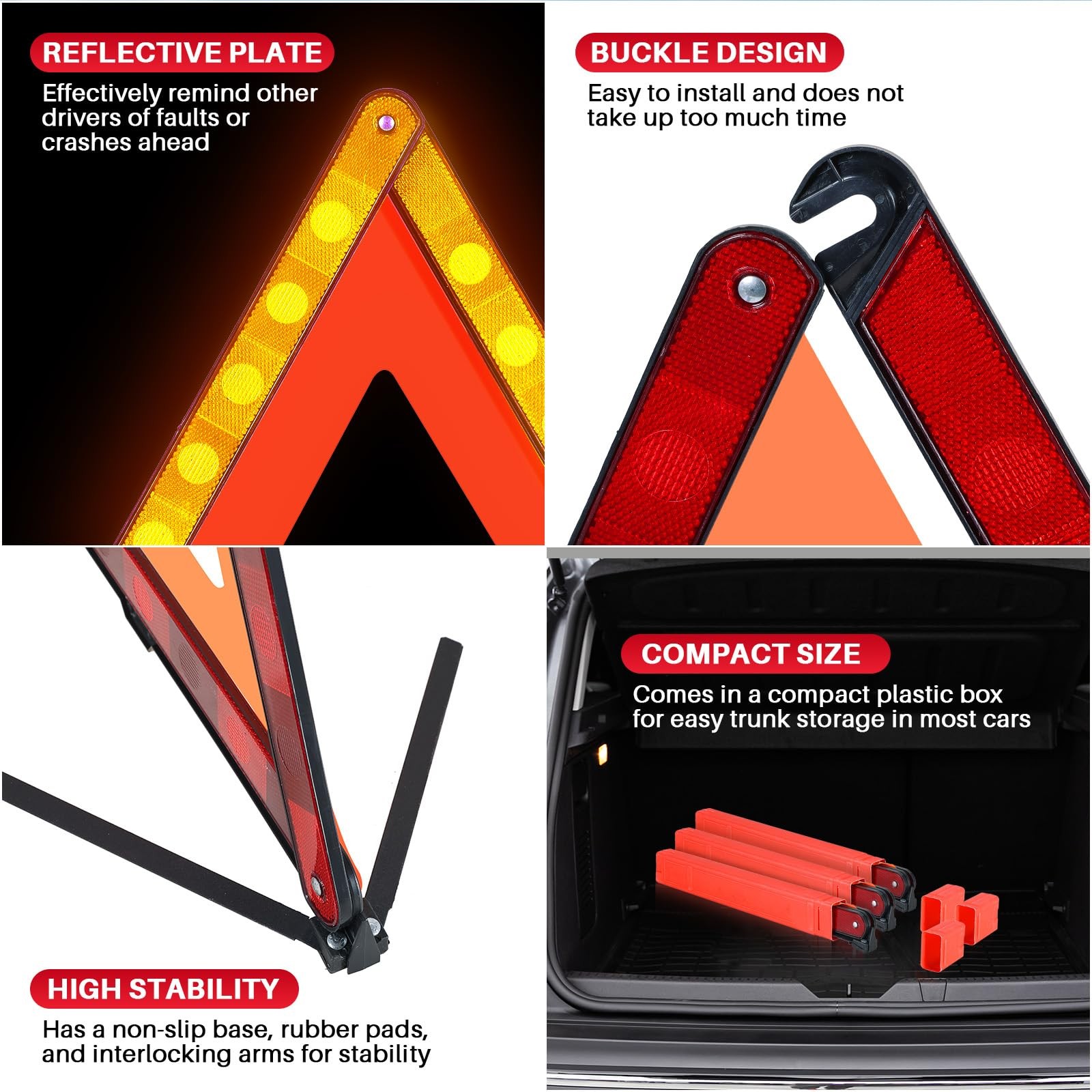 3 Pack Reflective Warning Triangles, Foldable Roadside Emergency Safety