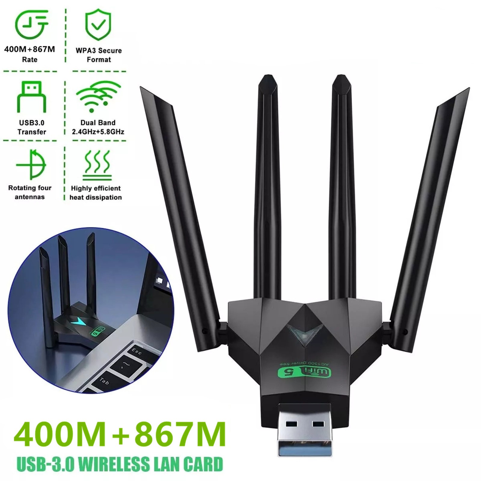 Dual Band USB 3.0 Wireless WiFi Adapter 2.4G 400Mbps & 5G 867Mbps Long Range