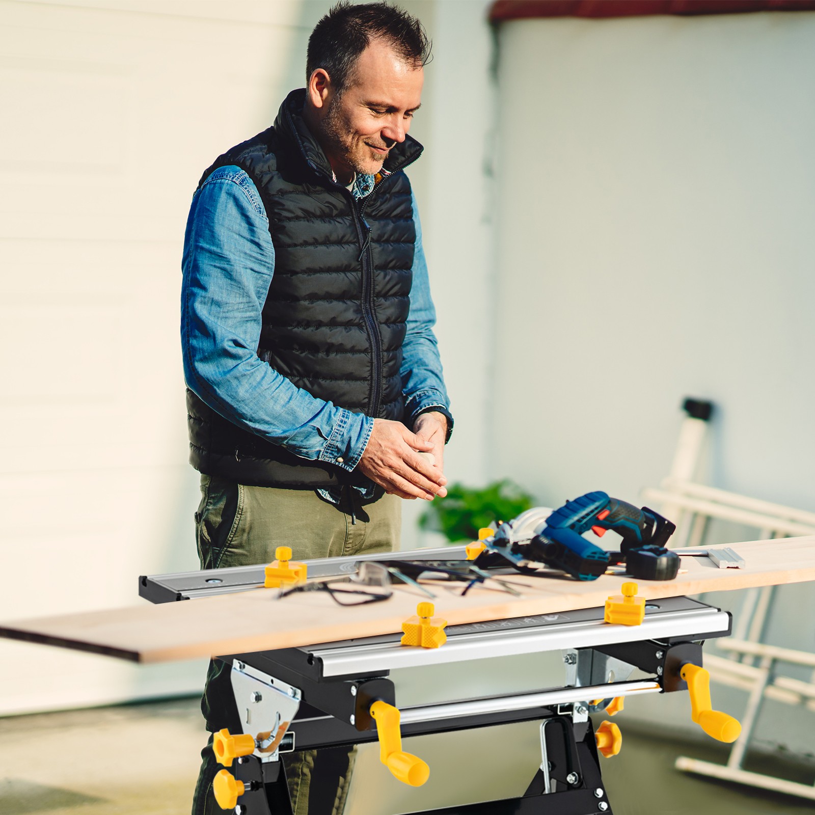 Folding Work Table Portable Workbench W/ Adjustable Height & Tiltable Platform