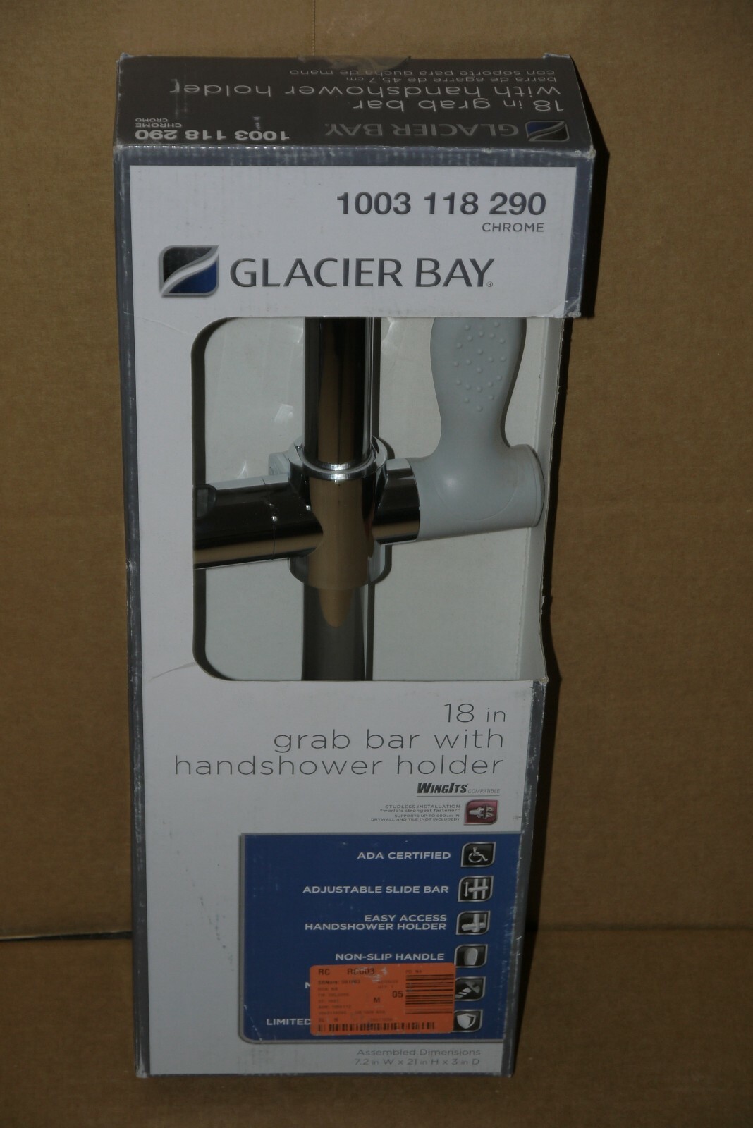 GLACIER BAY 1003 118 290 GRAB BAR WITH HANDSHOWER HOLDER 18" CHROME NEW