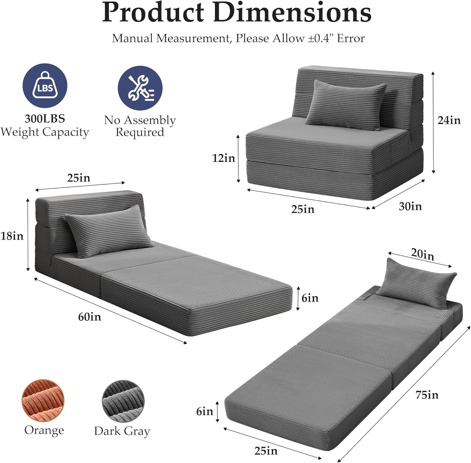 4-in-1 Folding Sofa Bed with Pillow, Washable Cover, Dark Gray, Single