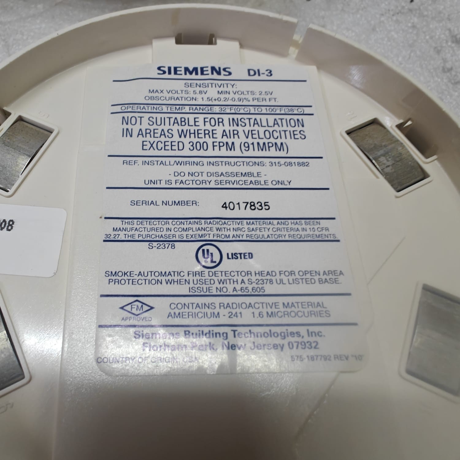 SIEMENS DI-3 SMOKE AUTOMATIC FIRE DETECTOR DI-3