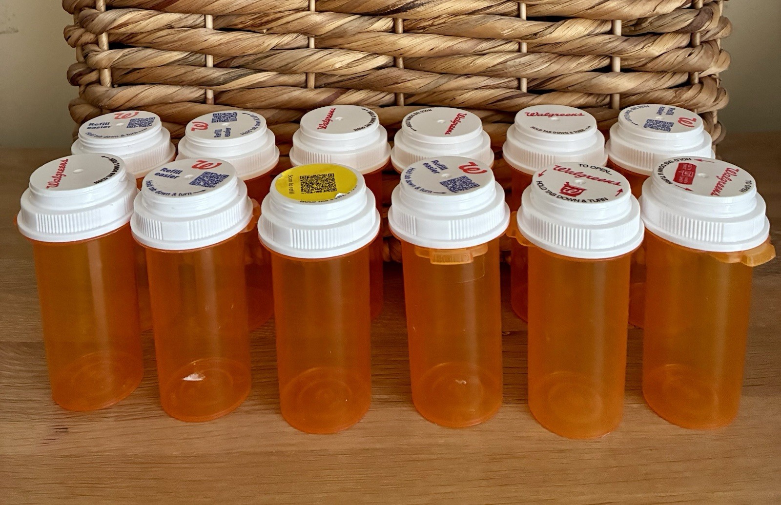 Empty Pill Bottles Amber Lot Of 12 Labels Removed Safety Caps