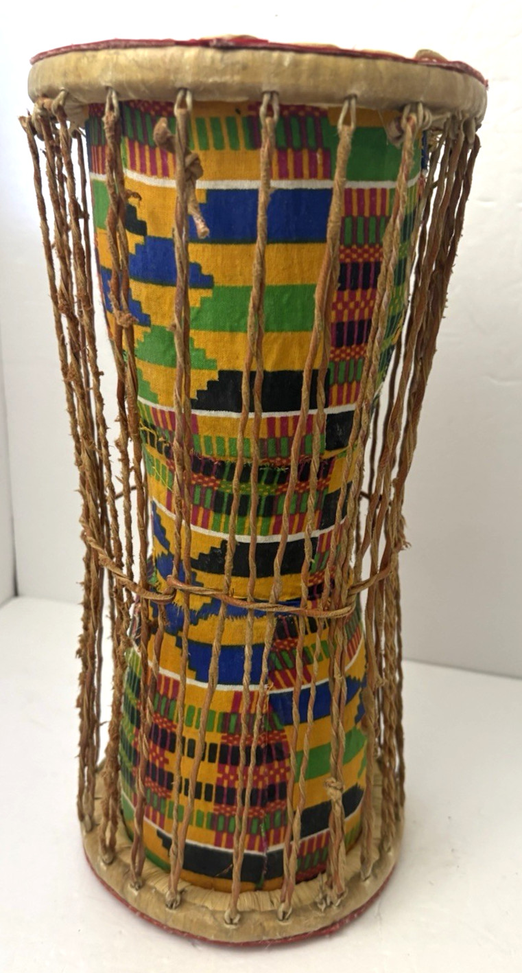 Handcrafted African Talking Drum Jamtown Model Kente Cloth Fabric