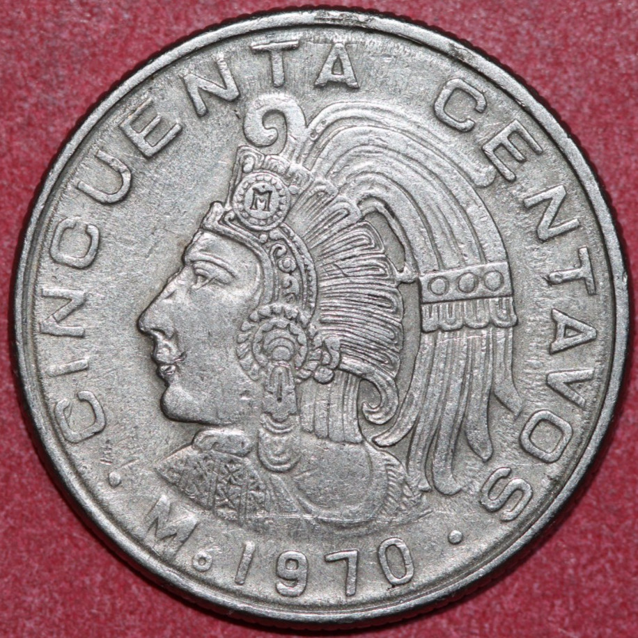Mexico 1970 50 centavos, Aztec King Cuauhtemoc of Tenochtitlan-Foreign Coin 25mm