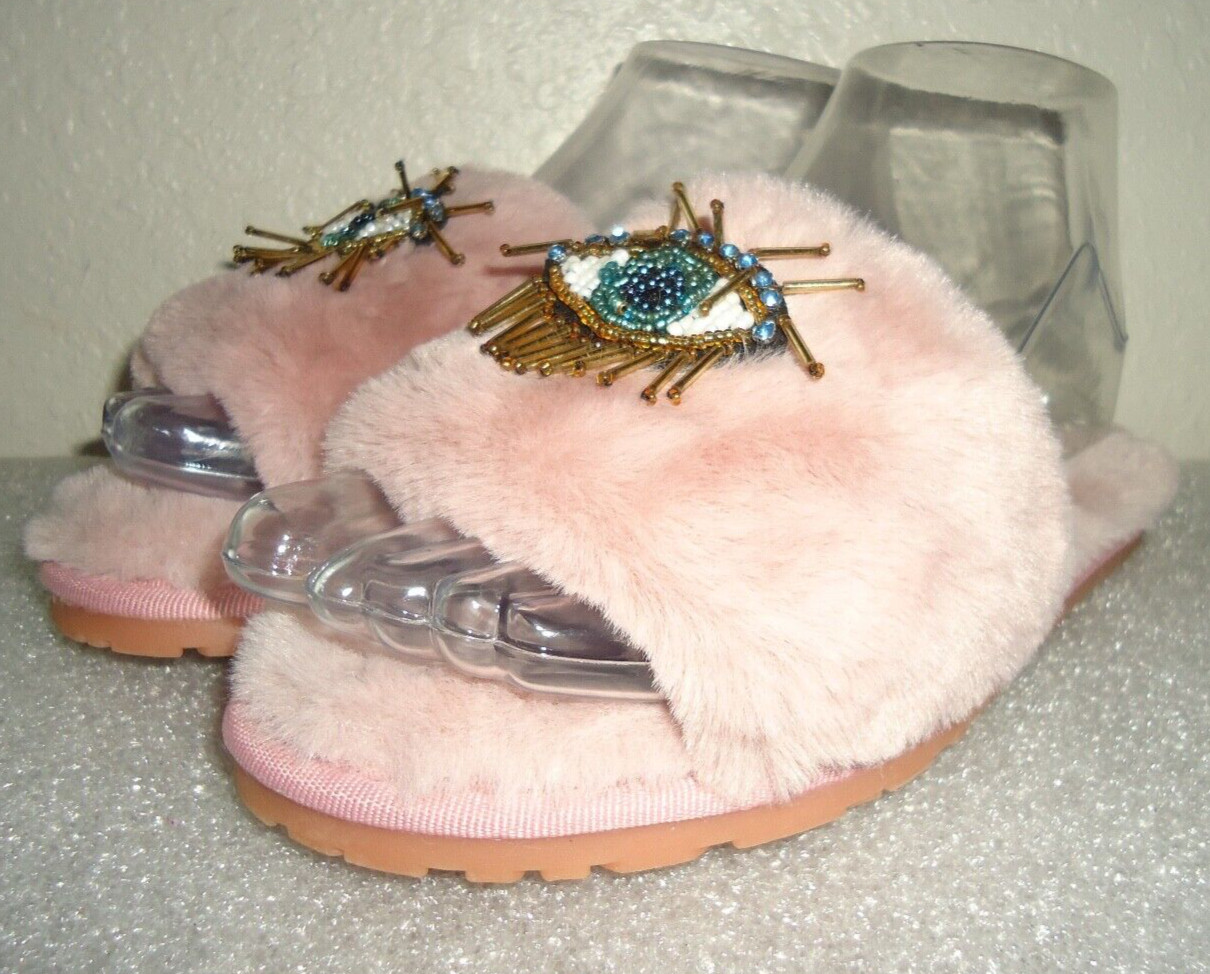 Fur Fur Slides Flat Rhinestone Eyes Slippers Fluffy Faux Fur Plush Slides #L