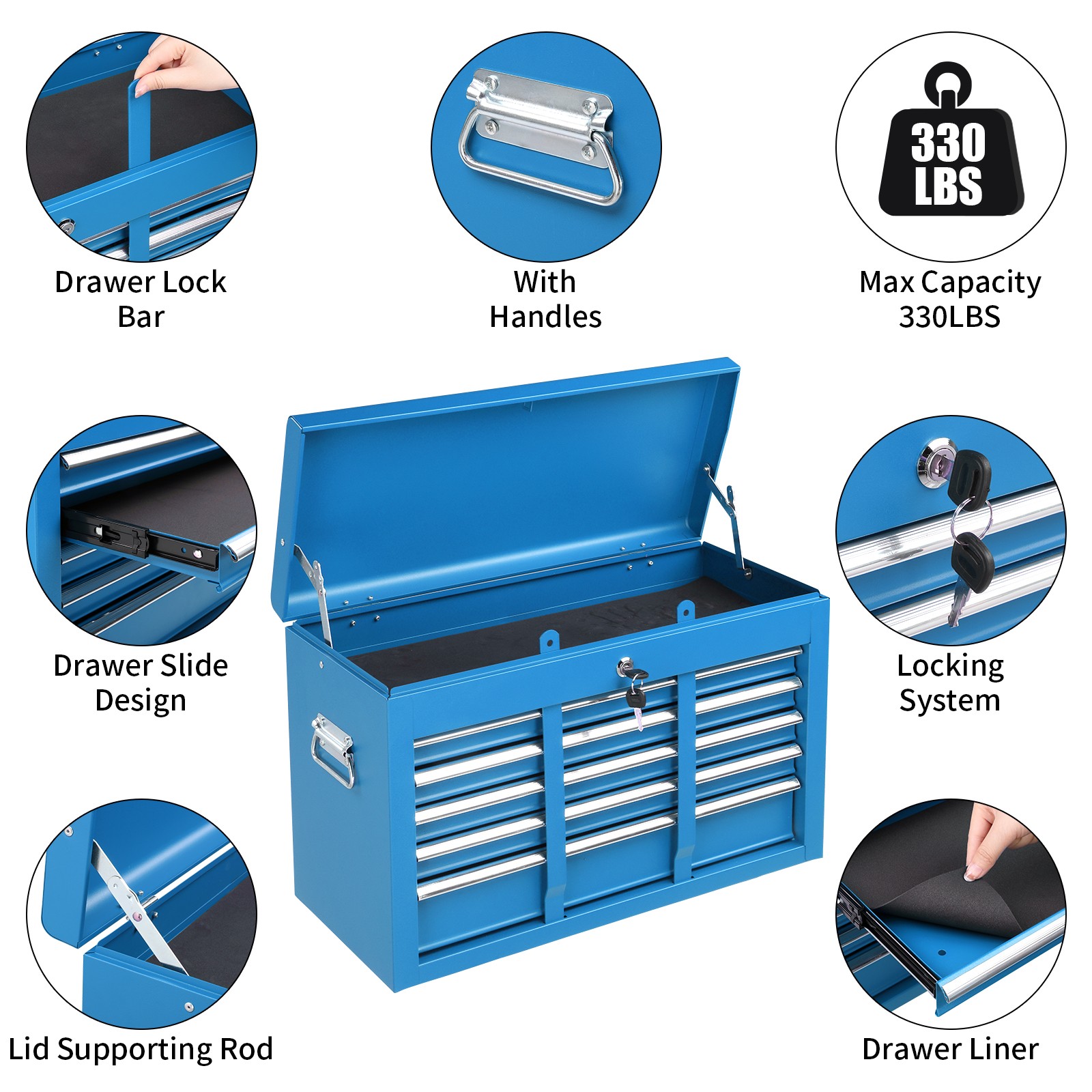 Blue Tool Chest Steel Tool Storage Box with 5 Drawers & Locking System & Keys