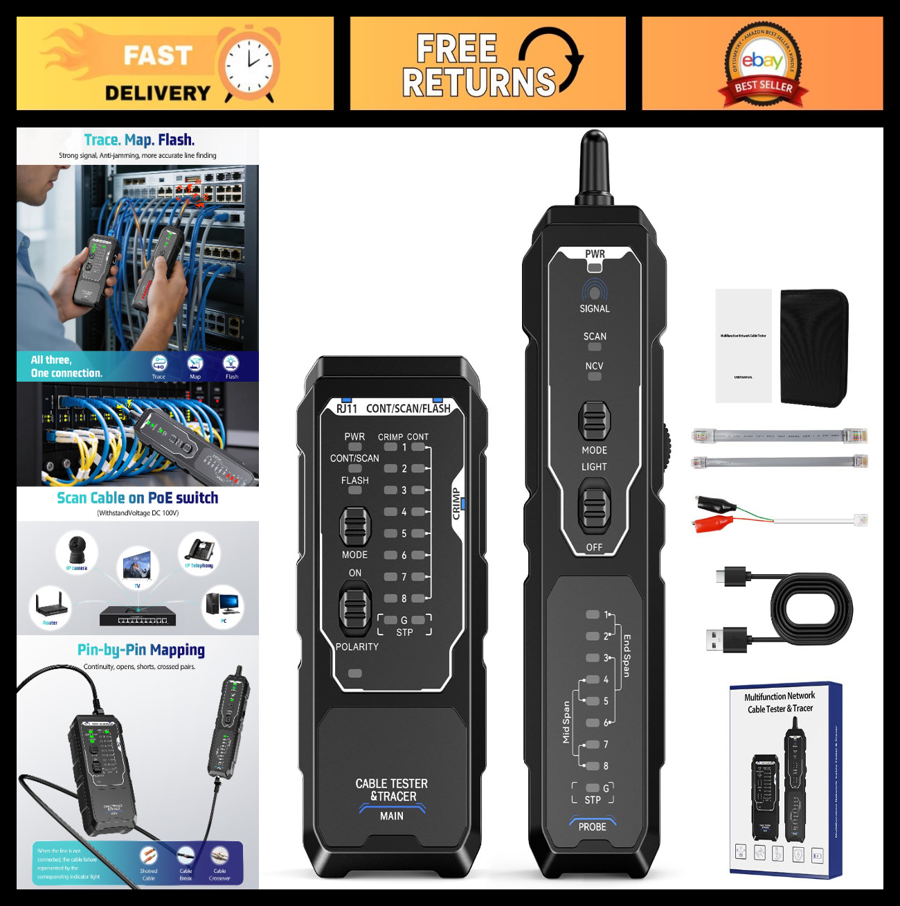 Network Cable Tester - RJ45 RJ11 Ethernet Tracer, CAT5 CAT6 CAT7, PoE NCV, Line