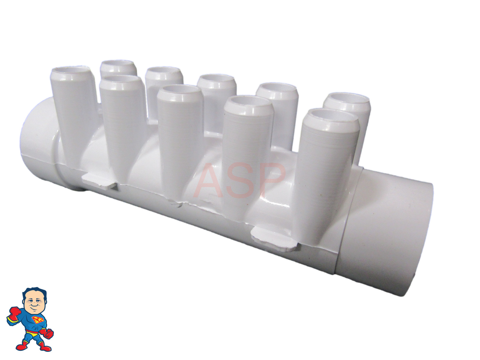 Manifold, 3/4" Smooth Barb, 10 Port, Flow Thru, 1-1/2" Slip x 1-1/2" Spigot