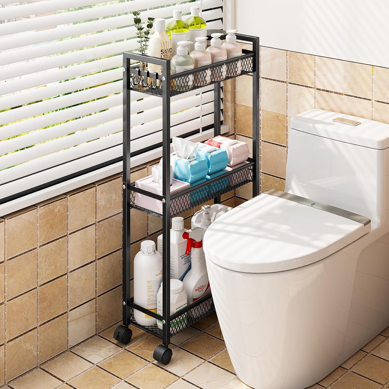 Slim 3-Tier Metal Rolling Cart, Black - Kitchen/Bath/Laundry Storage