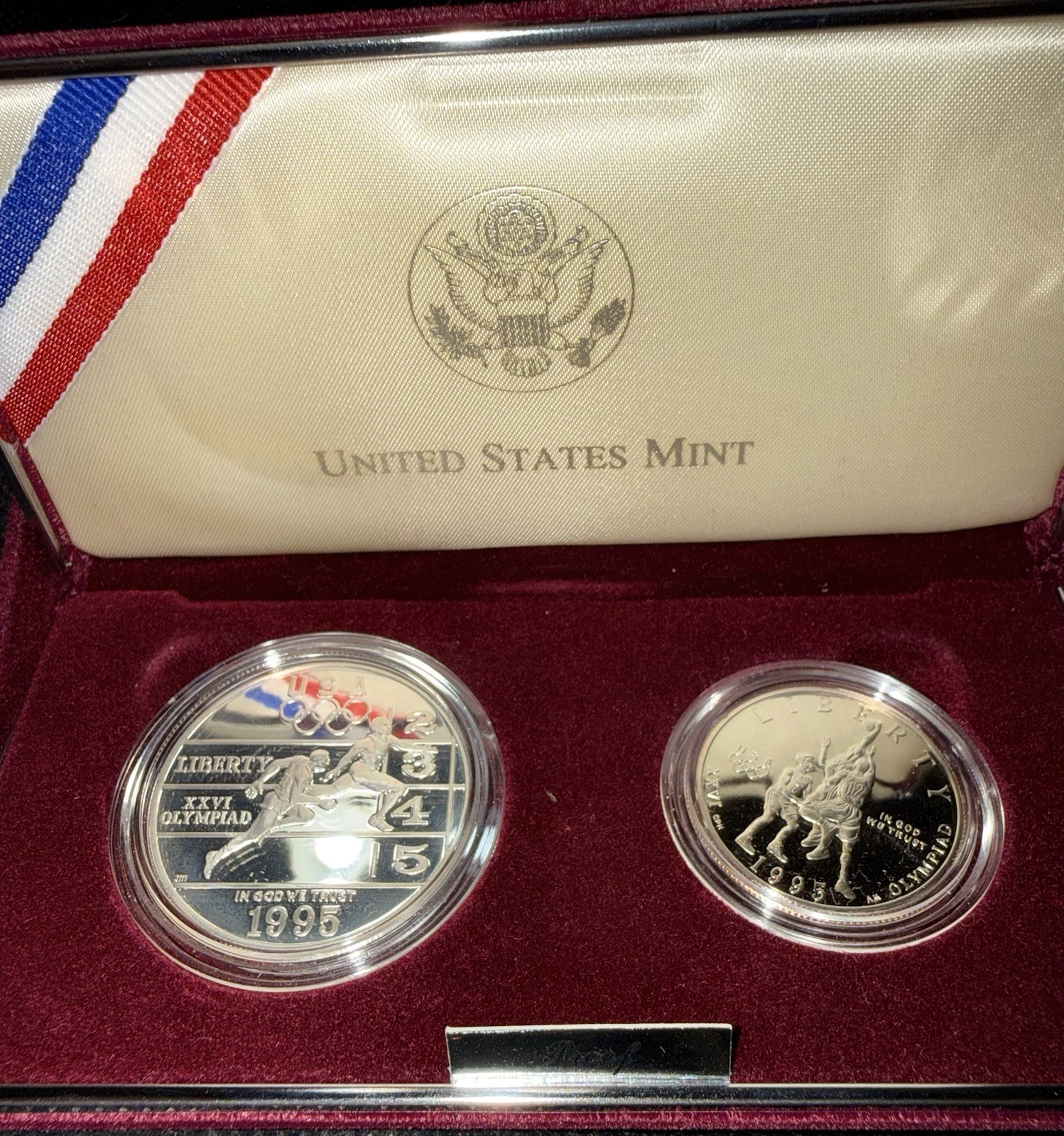 1995 US Olympic 2-Coins Atlanta Centennial Olympic Games-90% Silver&Clad