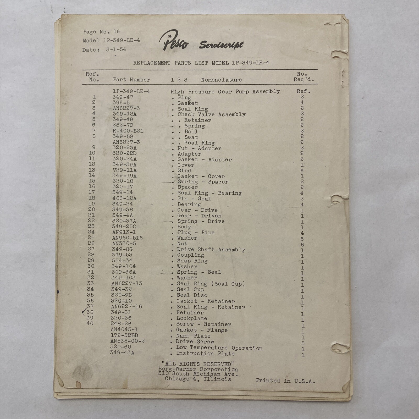 Pesco Serviscript Model 1P-349-LE-4 Series