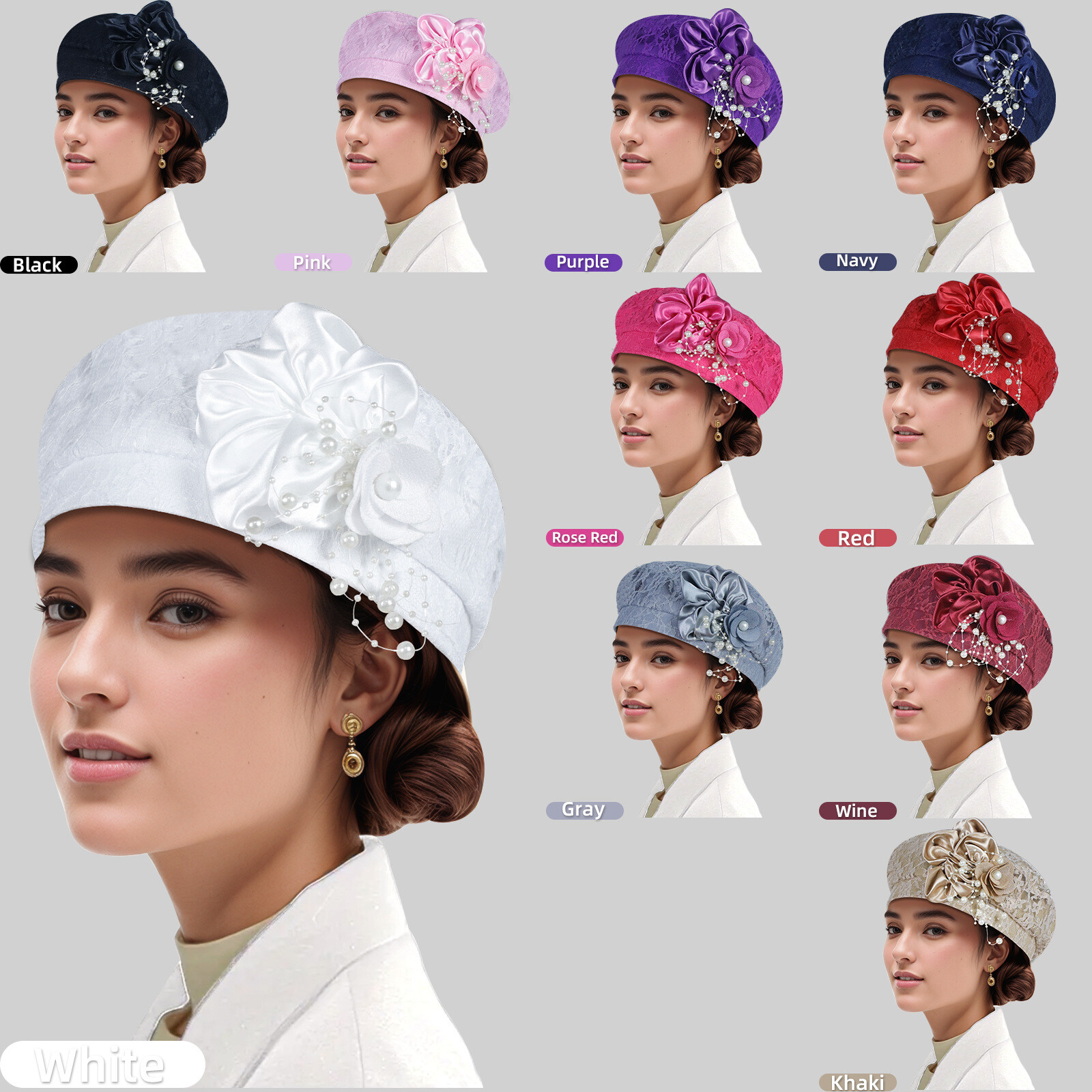 Elegant Women Flower Beret Turban Head Cover Caps Wedding Party Beanie Headwear