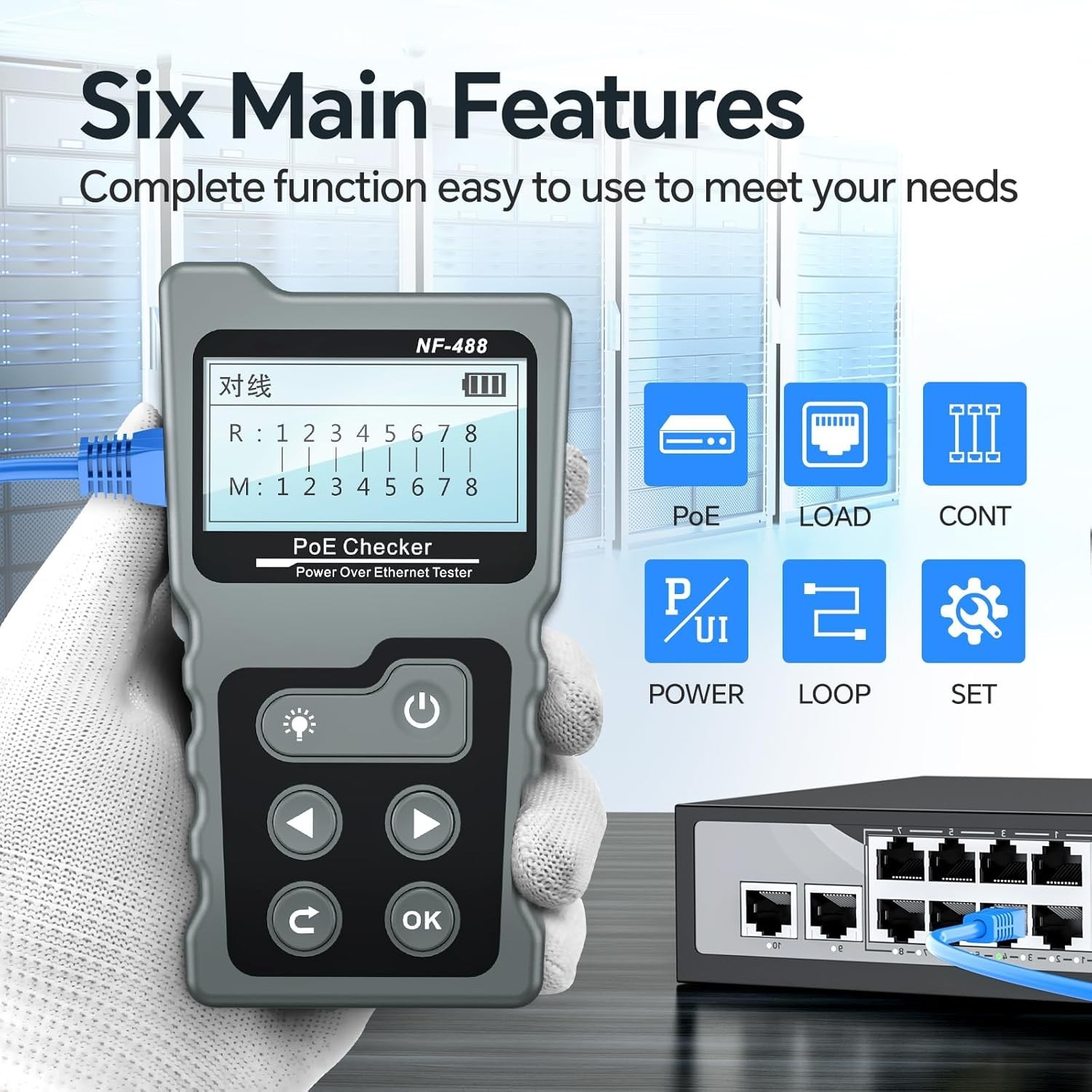 Efficient PoE Tester for DC Power, Voltage & Network Cable Testing - 4 x 1.5 in