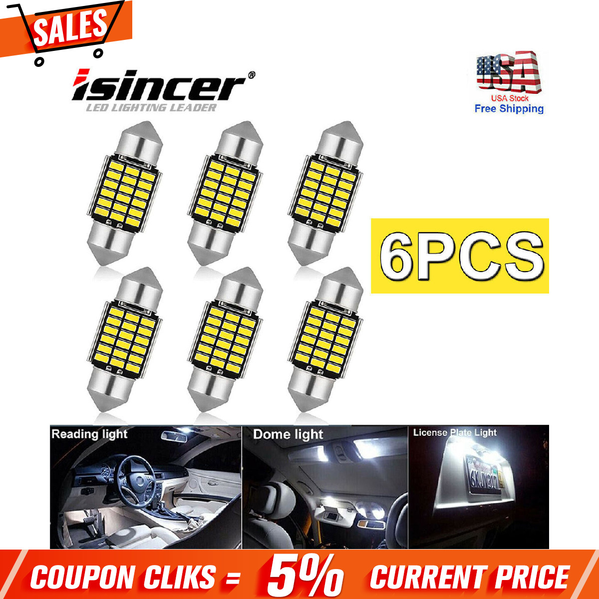 6x 31MM DE3175 3014 LED Bulbs Map Dome Interior Light Bulbs 6000K White Lamps
