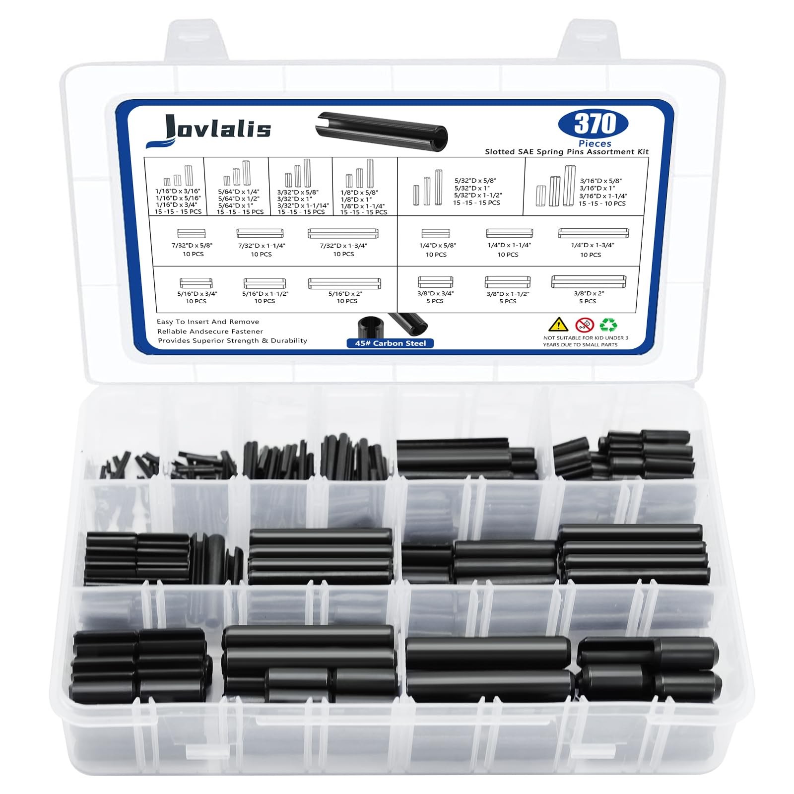 370 PCS Roll Pin Assortment SAE Slotted Spring Split Expansion Kit Black