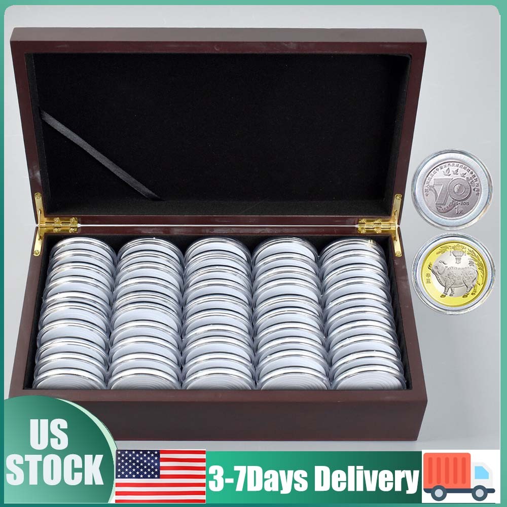 50 Pcs 46mm Coin Capsule Case Gasket Holder Wooden Portable Storage Box Case US