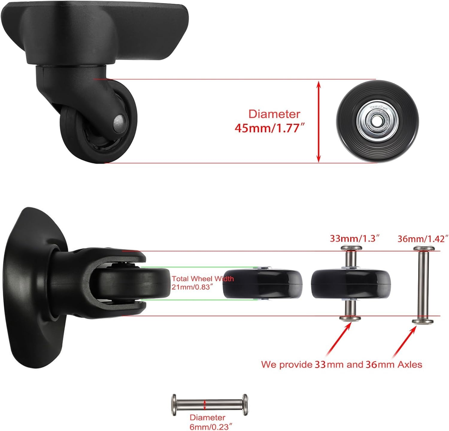 45mm x 18mm Luggage Suitcase Replacement Wheels, Rubber Swivel Caster Wheels ...