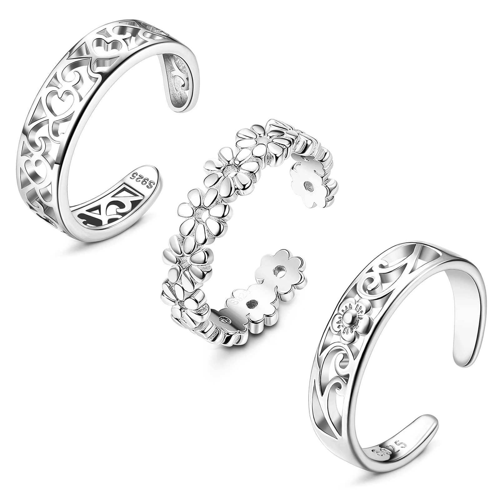 FIBO STEEL 3 PCS Toe Rings for Women 925 Sterling Silver Post silver