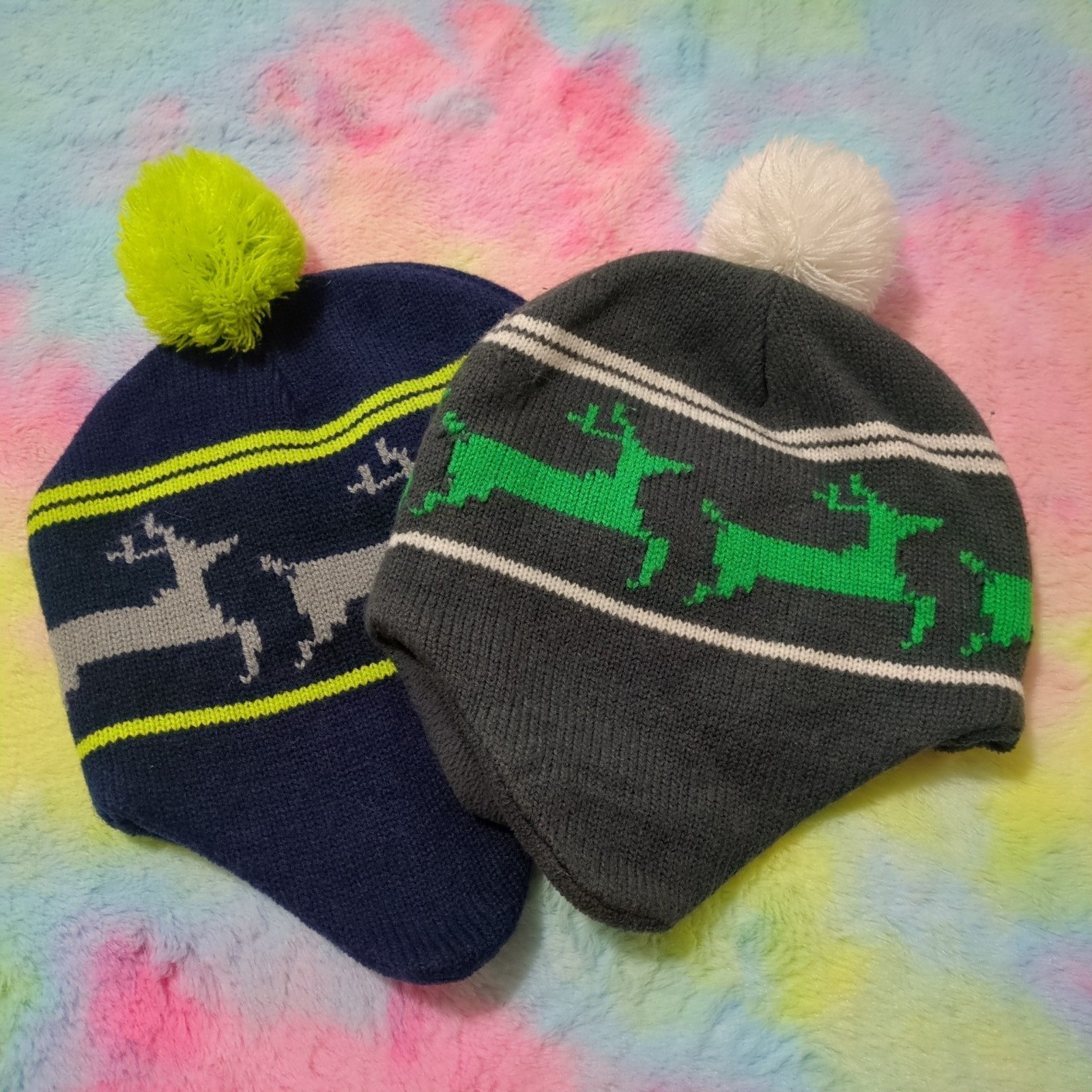 Reindeer Deer Trapper Beanie Hats Winter Blue Gray Green Yellow Lot Of 2