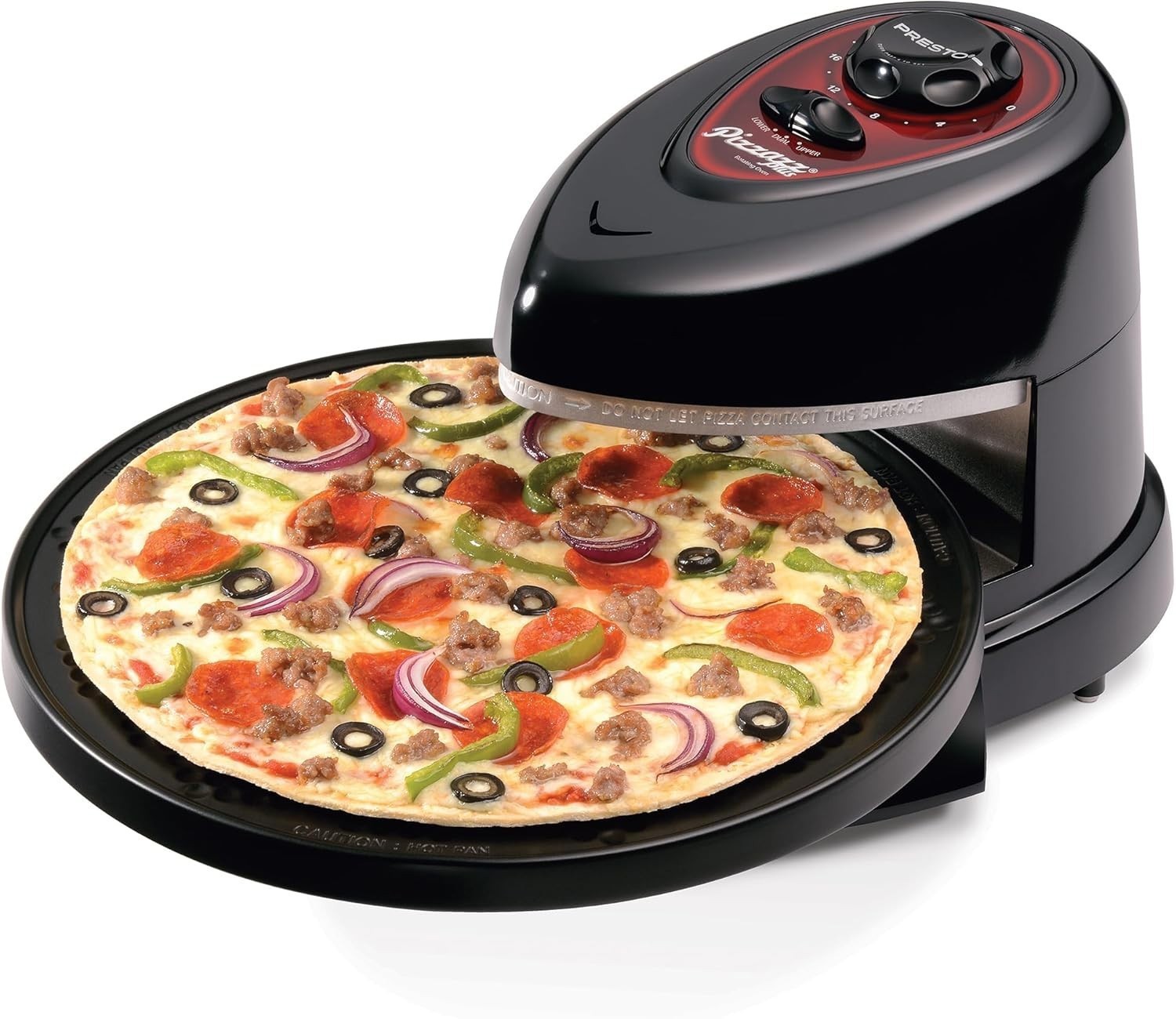 Presto 03430 Black Rotating Pizza Oven, Dual Heating Elements Auto Timer